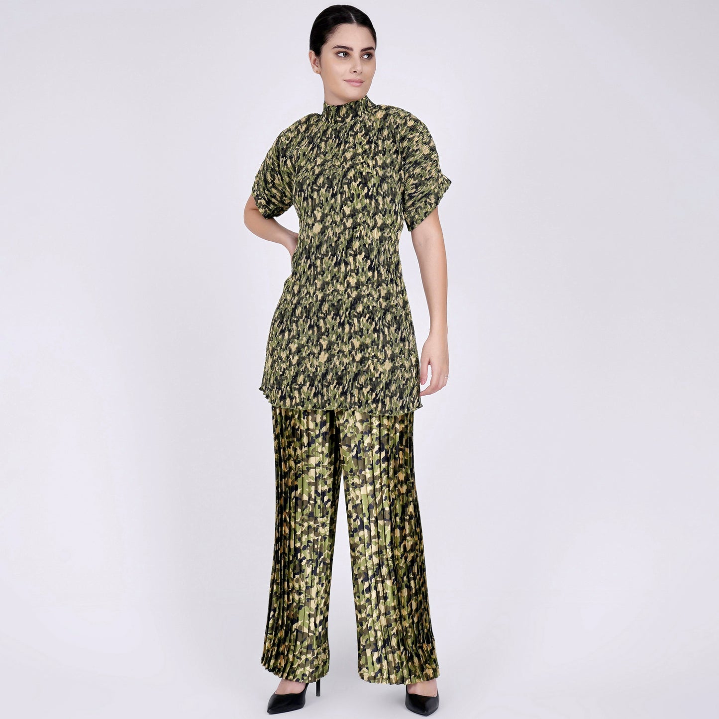 Forest Green Camouflage Print Top and Knife Pleated Palazzo Set