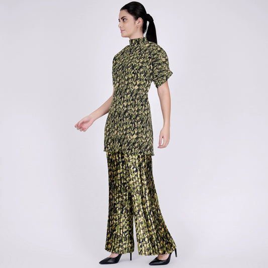 Forest Green Camouflage Print Top and Knife Pleated Palazzo Set