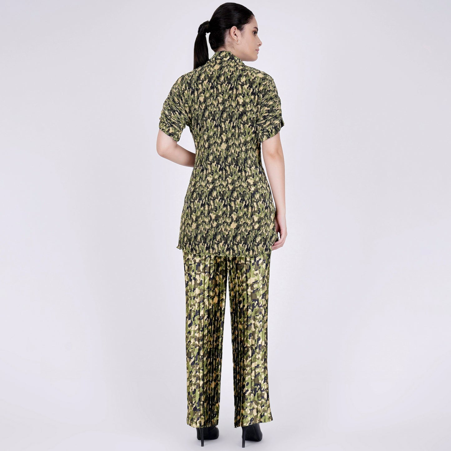 Forest Green Camouflage Print Top and Knife Pleated Palazzo Set