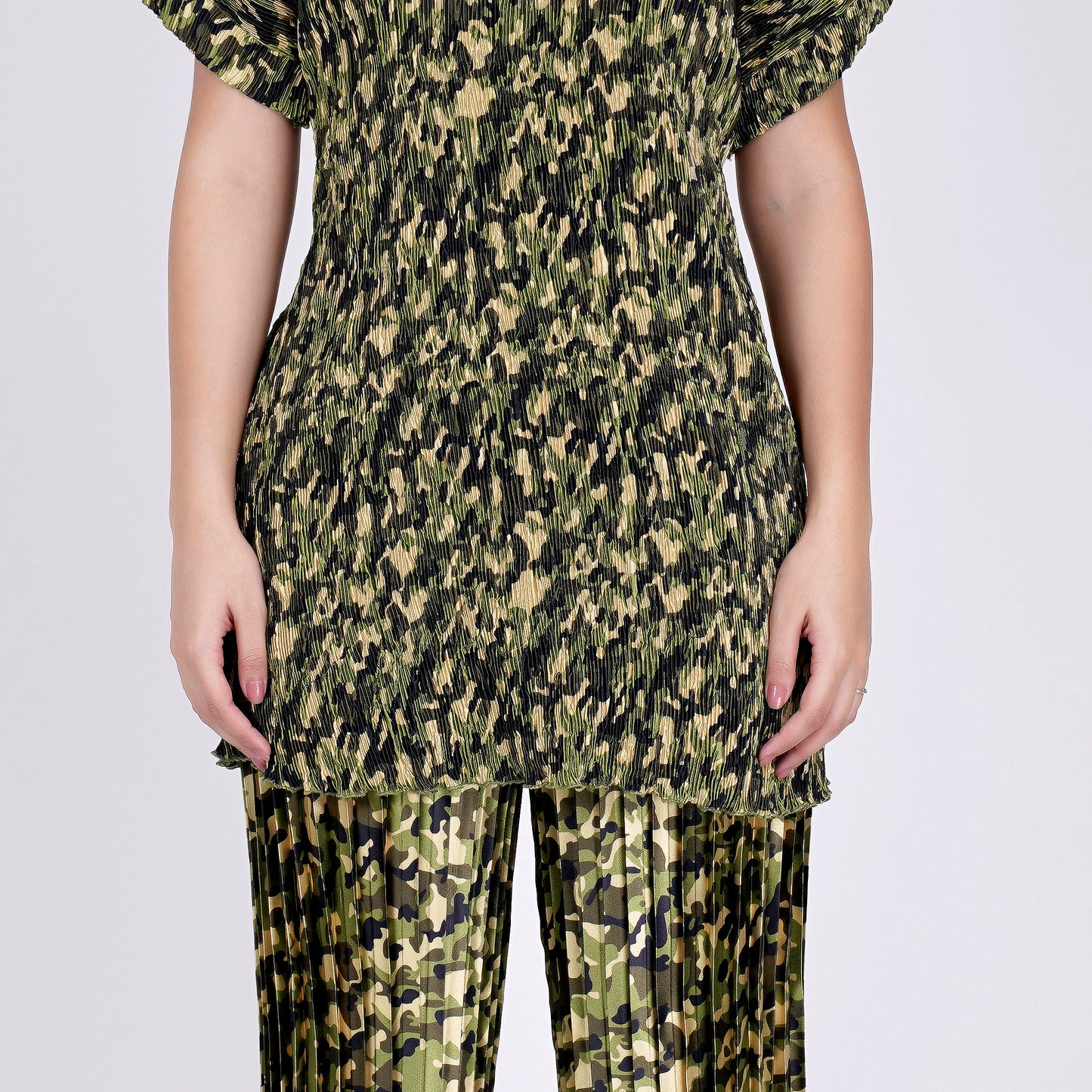 Forest Green Camouflage Print Top and Knife Pleated Palazzo Set