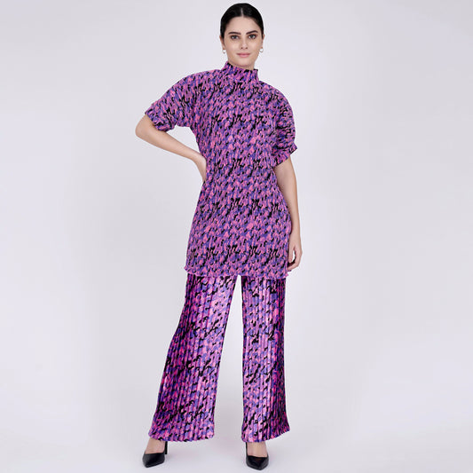 Pink Camouflage Print Top and Knife Pleated Palazzo Set