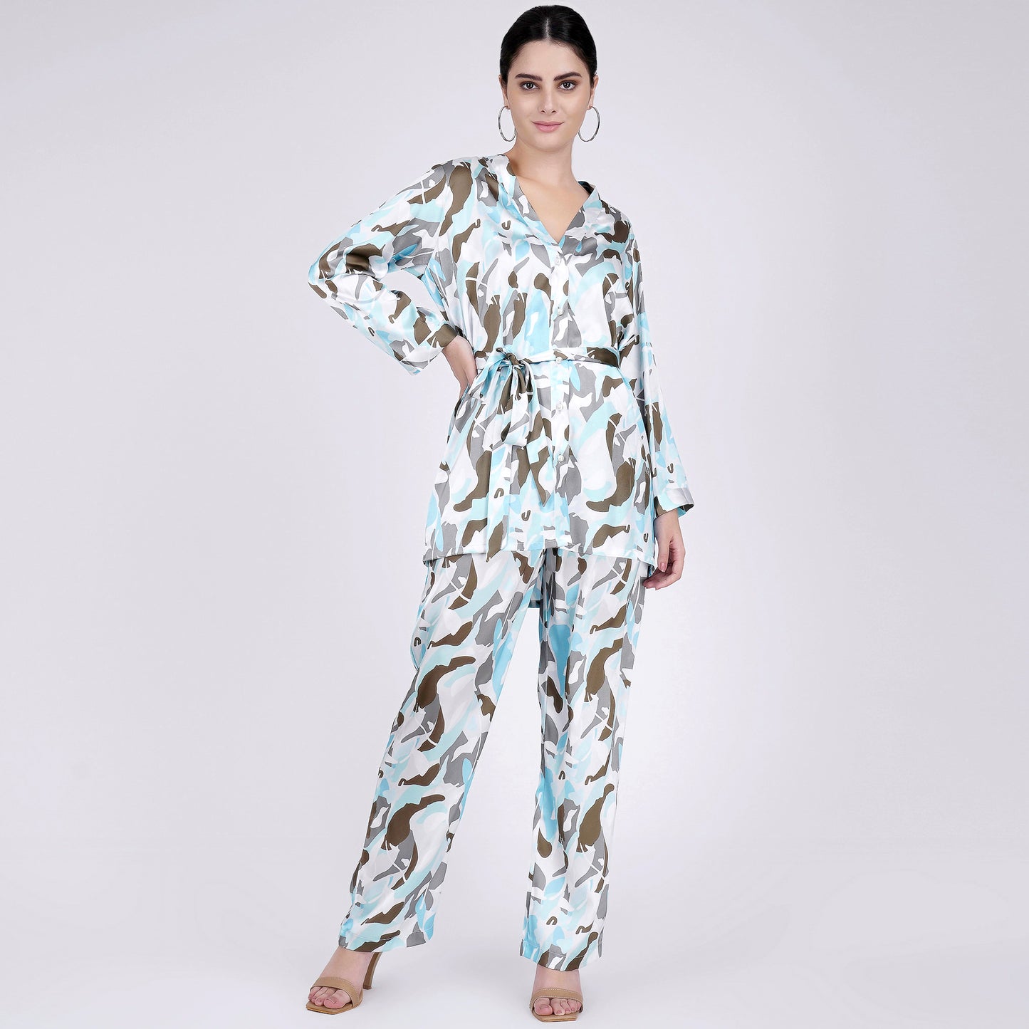 Aqua Abstract Camouflage Printed Shirt and Pants Set