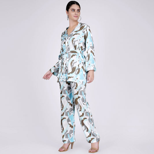 Aqua Abstract Camouflage Printed Shirt and Pants Set