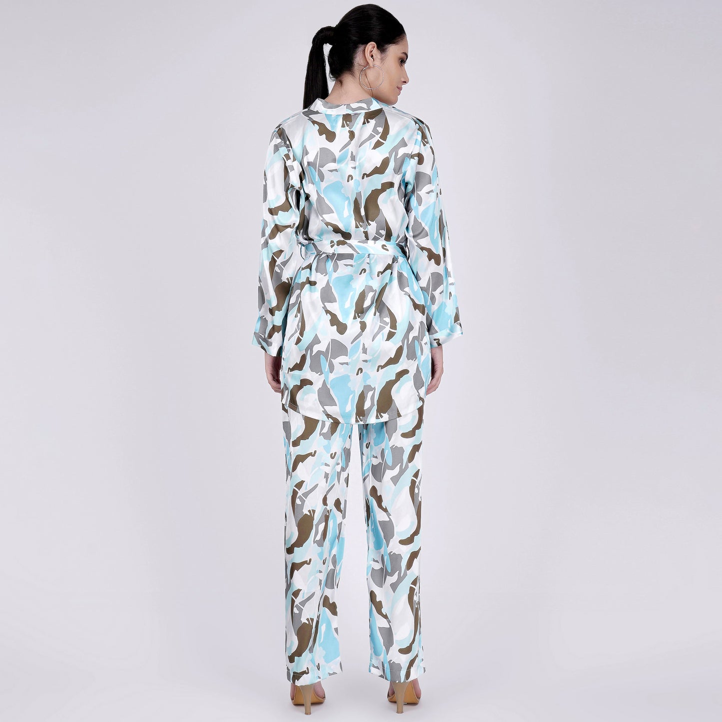 Aqua Abstract Camouflage Printed Shirt and Pants Set