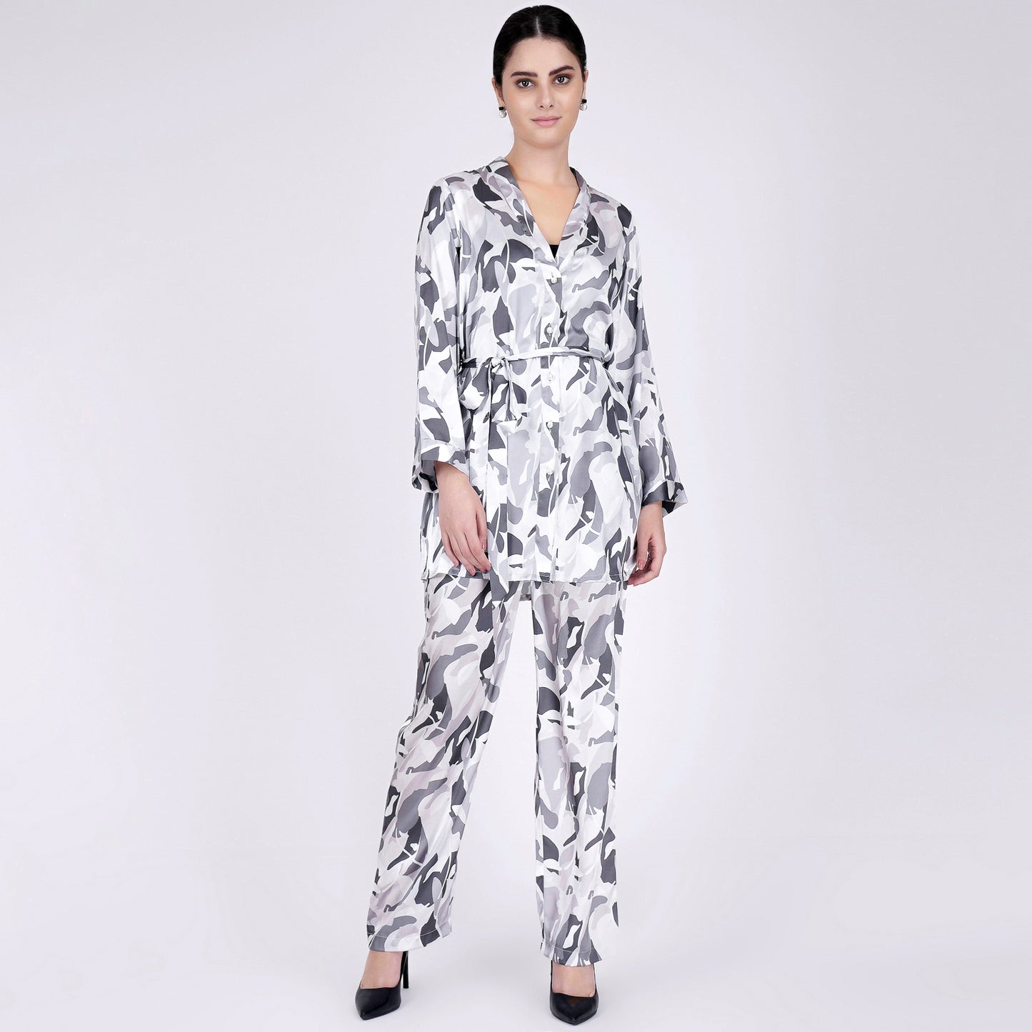 Grey Abstract Camouflage Printed Shirt and Pants Set