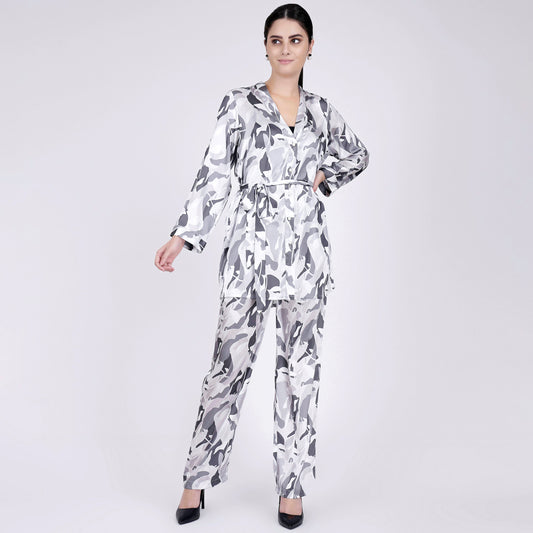 Grey Abstract Camouflage Printed Shirt and Pants Set
