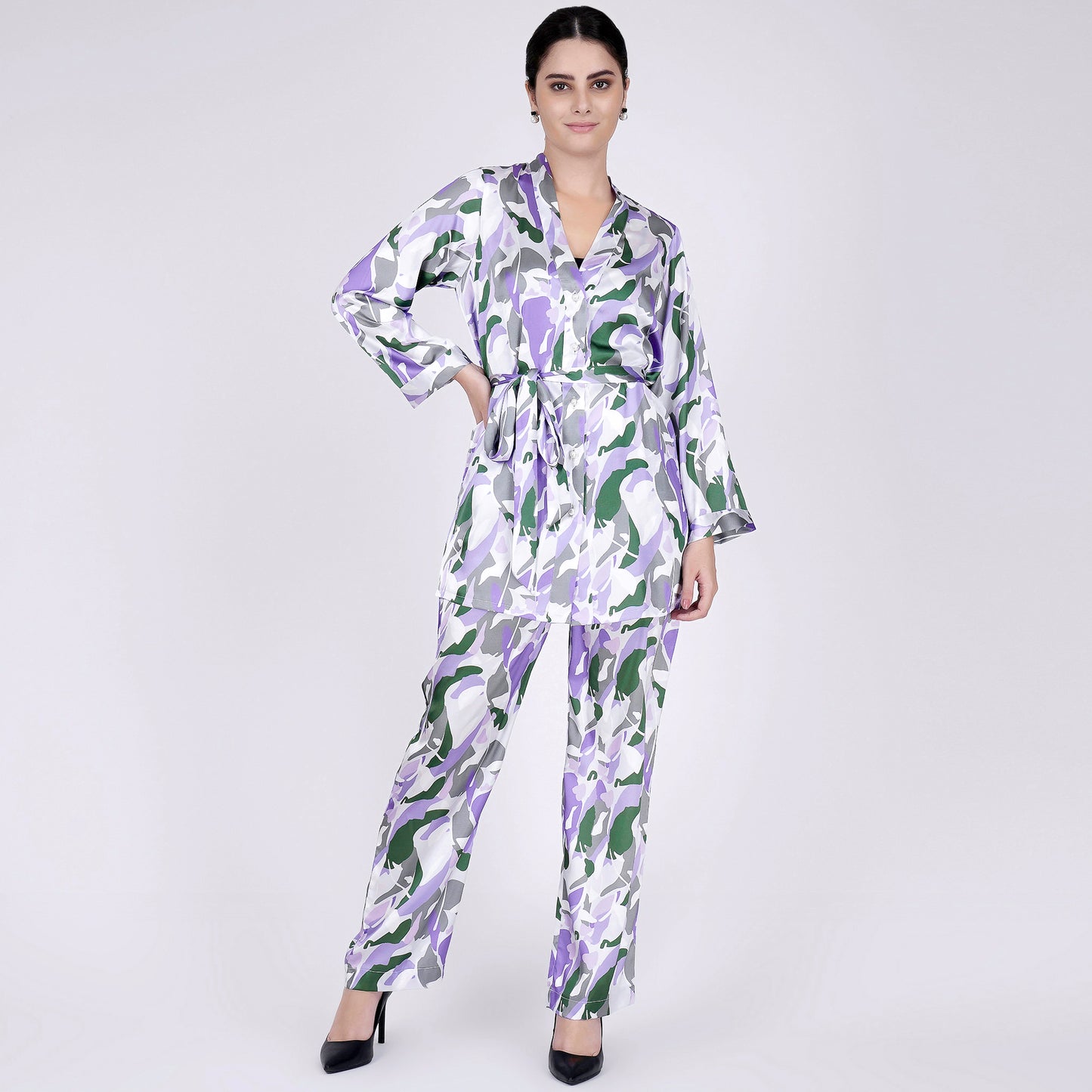 Purple Abstract Camouflage Printed Shirt and Pants Set