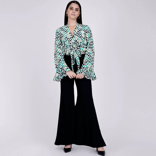 Green and White Chevron Knot Top and Bell Bottom Pants Set