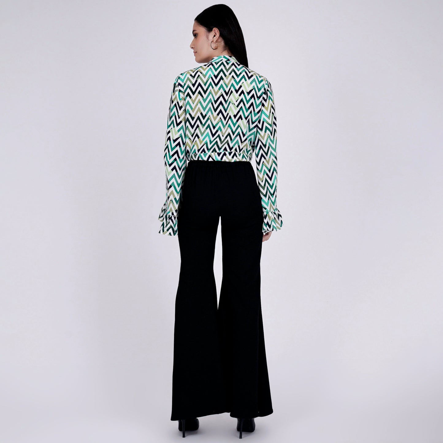 Green and White Chevron Knot Top and Bell Bottom Pants Set