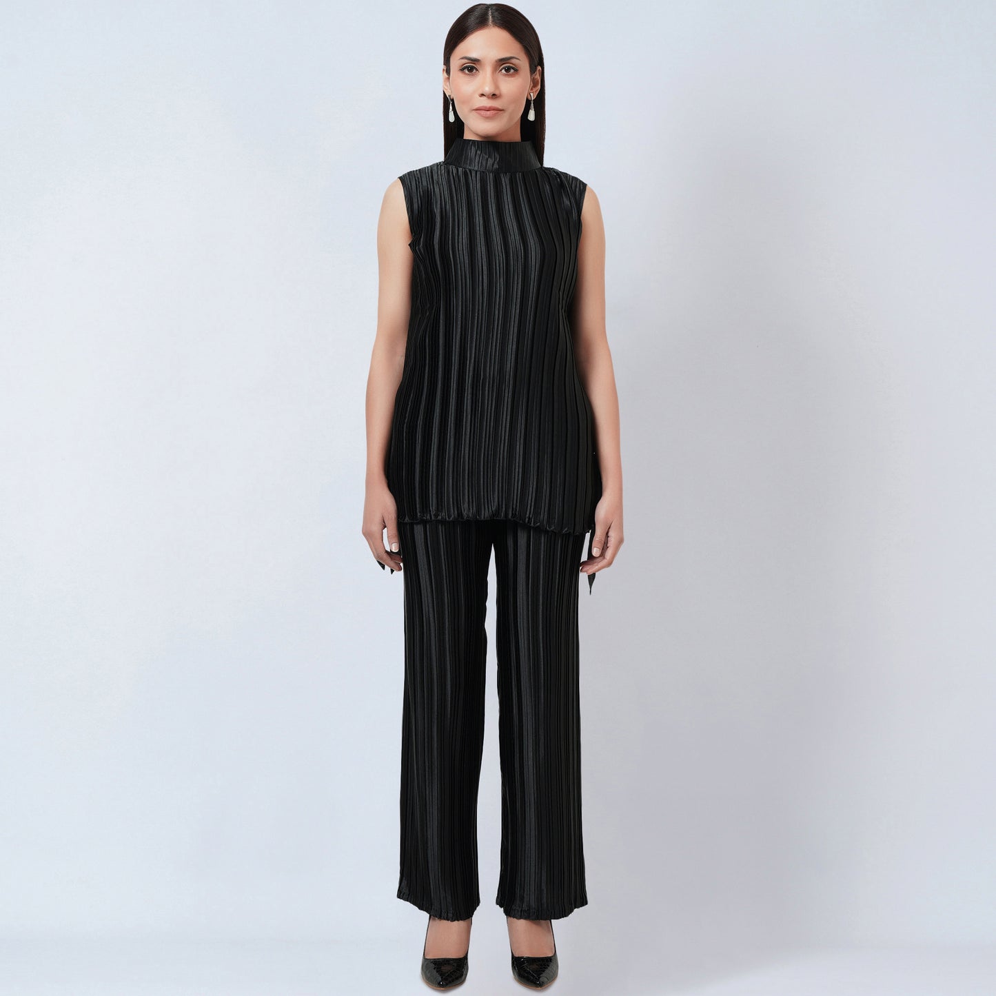 Black Sleeveless Turtle Neck Box Pleated Top and Box Pleated Palazzo Set