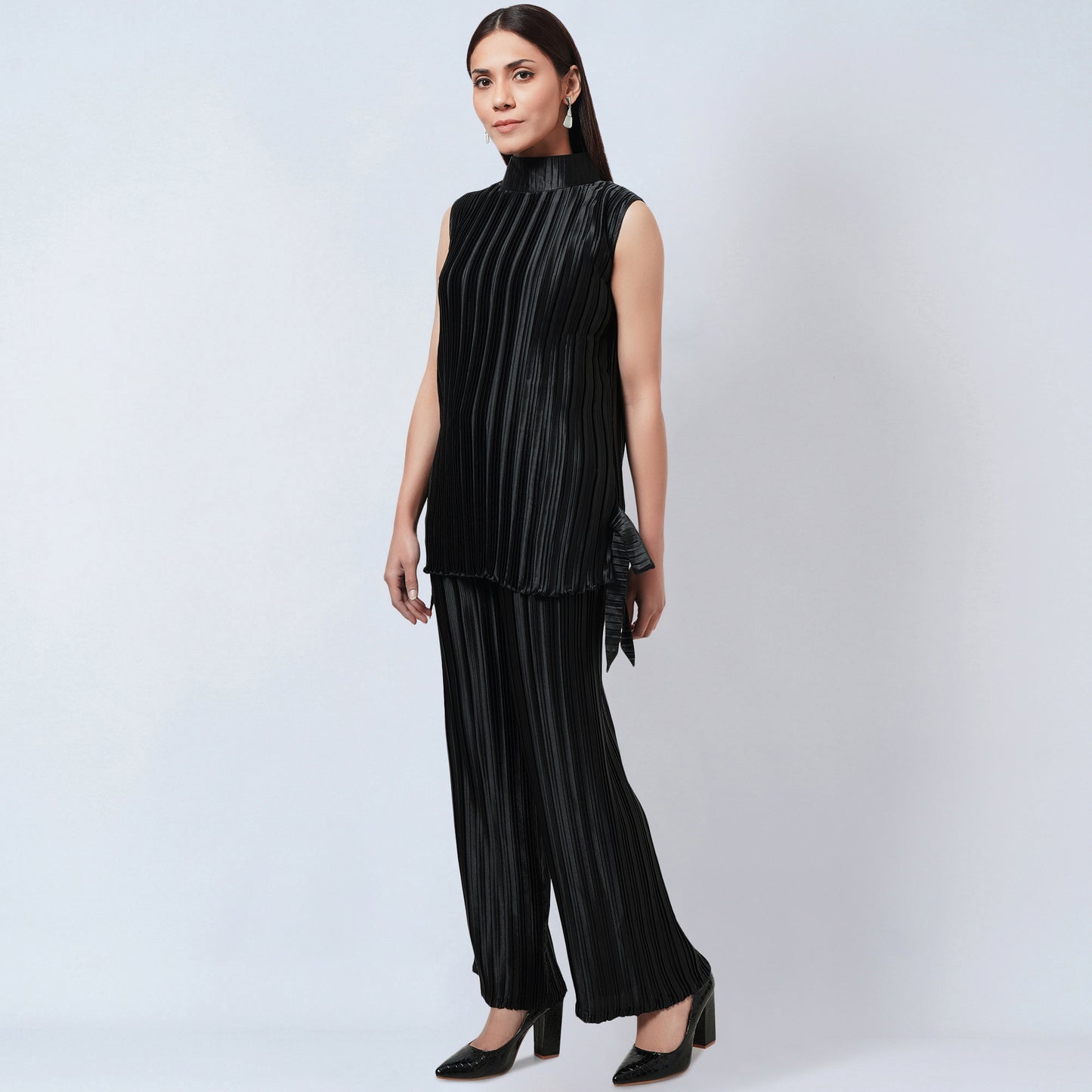 Black Sleeveless Turtle Neck Box Pleated Top and Box Pleated Palazzo Set