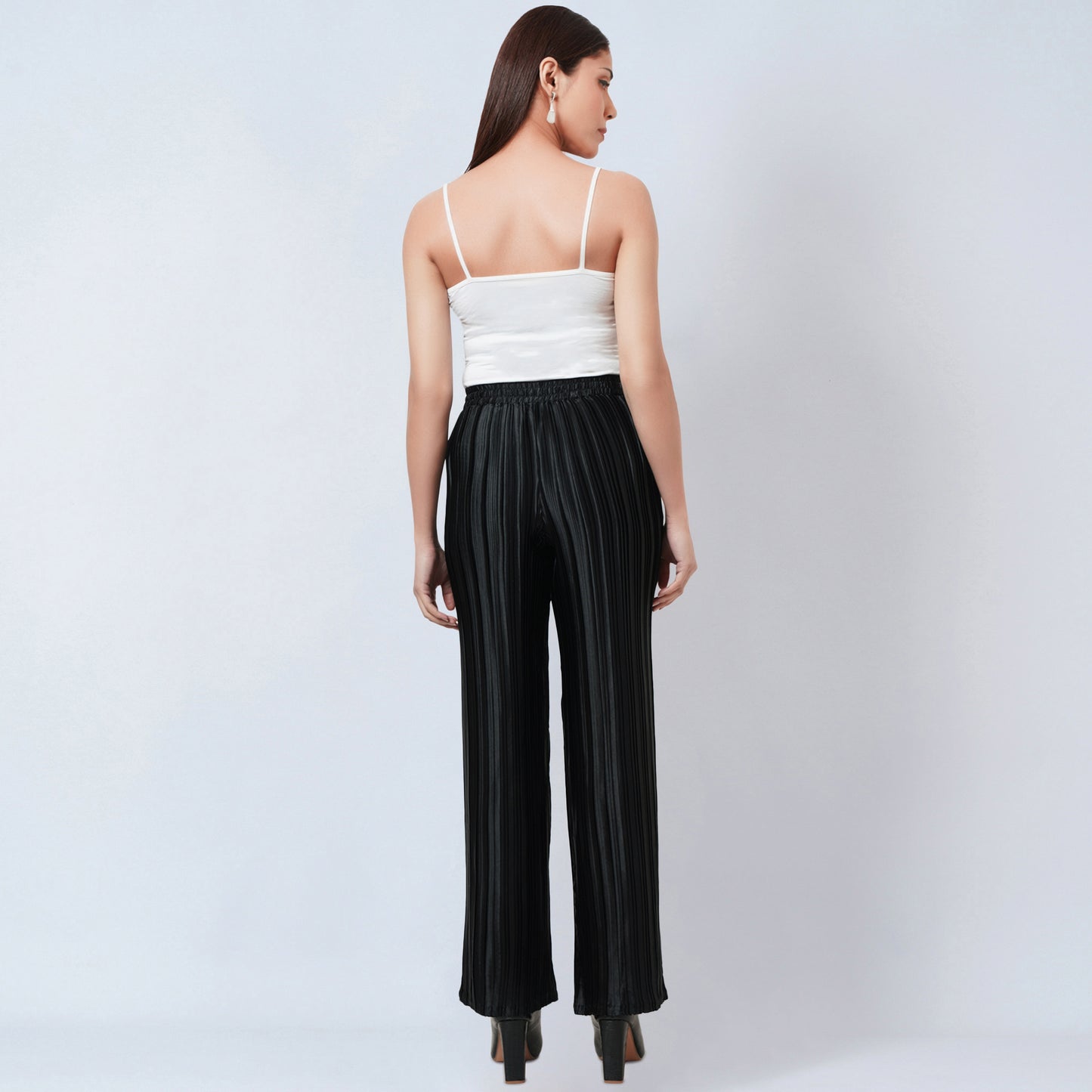 Black Sleeveless Turtle Neck Box Pleated Top and Box Pleated Palazzo Set