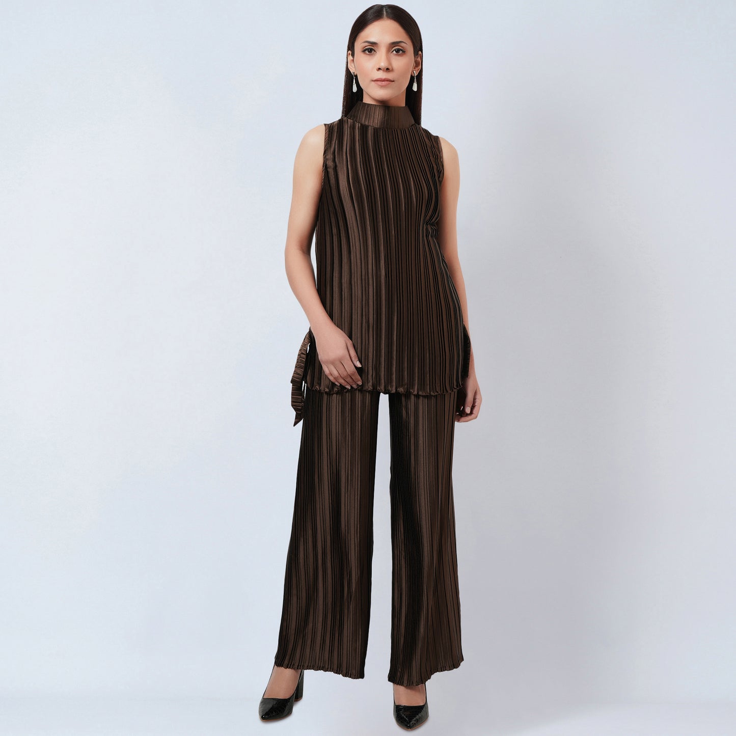 Brown Sleeveless Turtle Neck Box Pleated Top and Box Pleated Palazzo Set