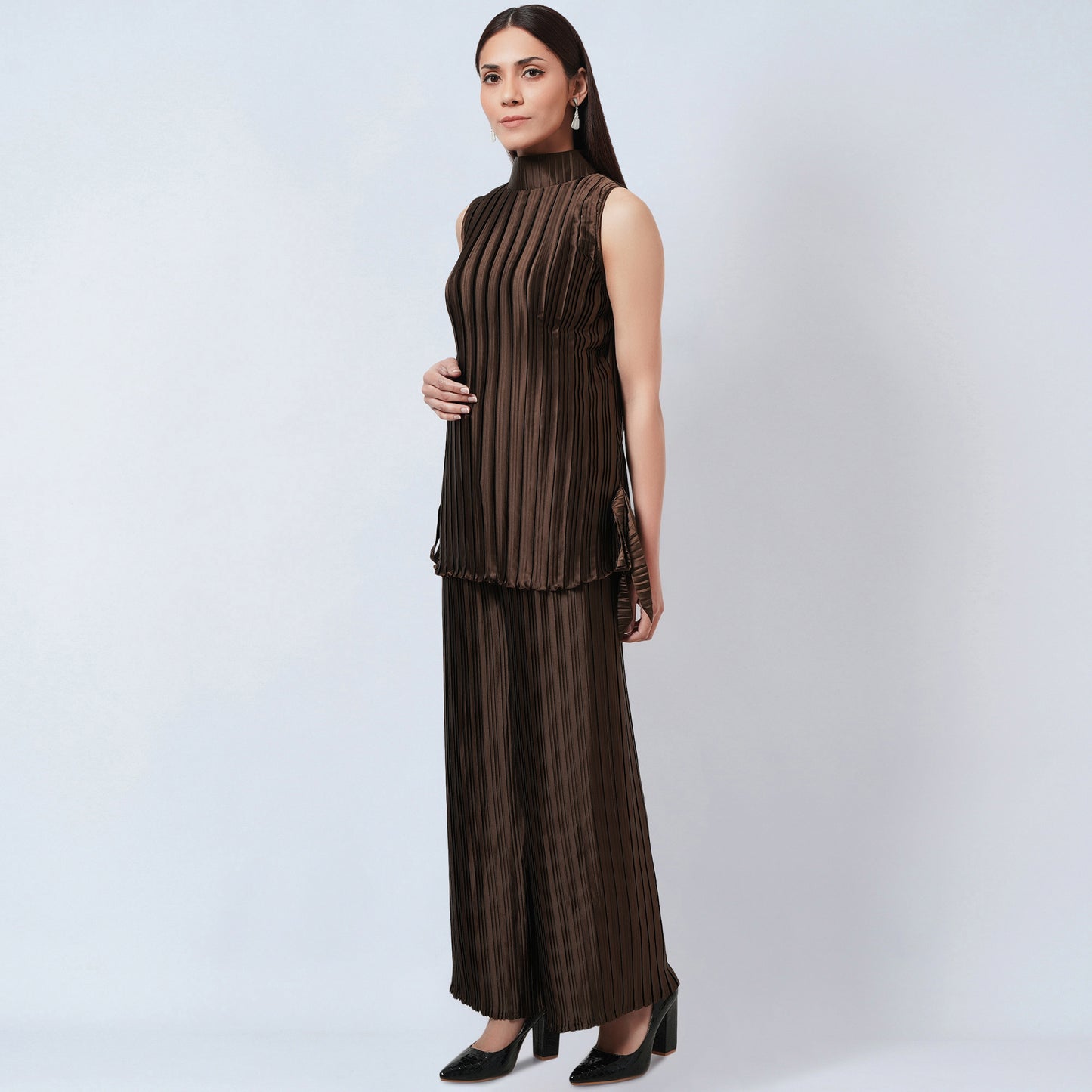 Brown Sleeveless Turtle Neck Box Pleated Top and Box Pleated Palazzo Set