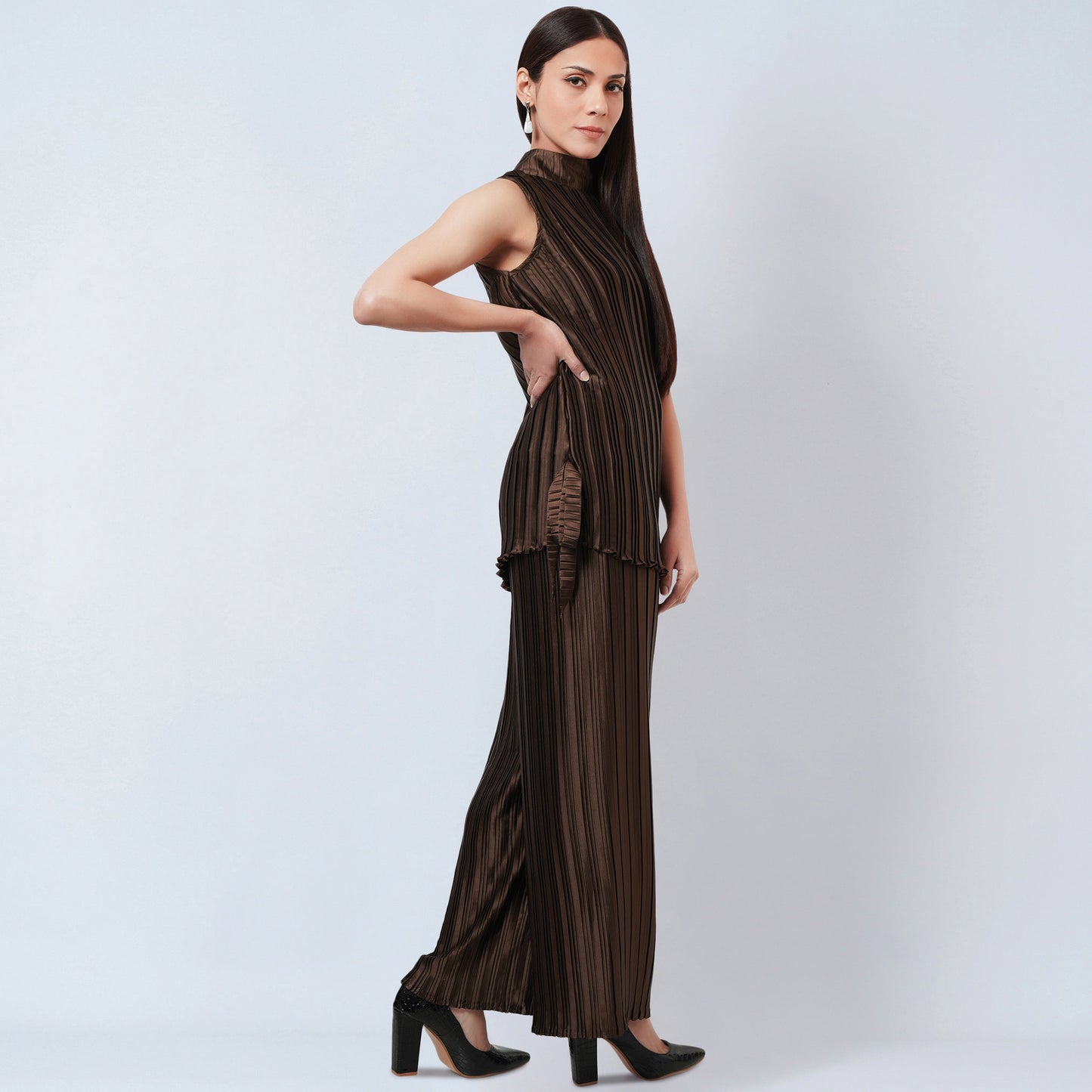 Brown Sleeveless Turtle Neck Box Pleated Top and Box Pleated Palazzo Set