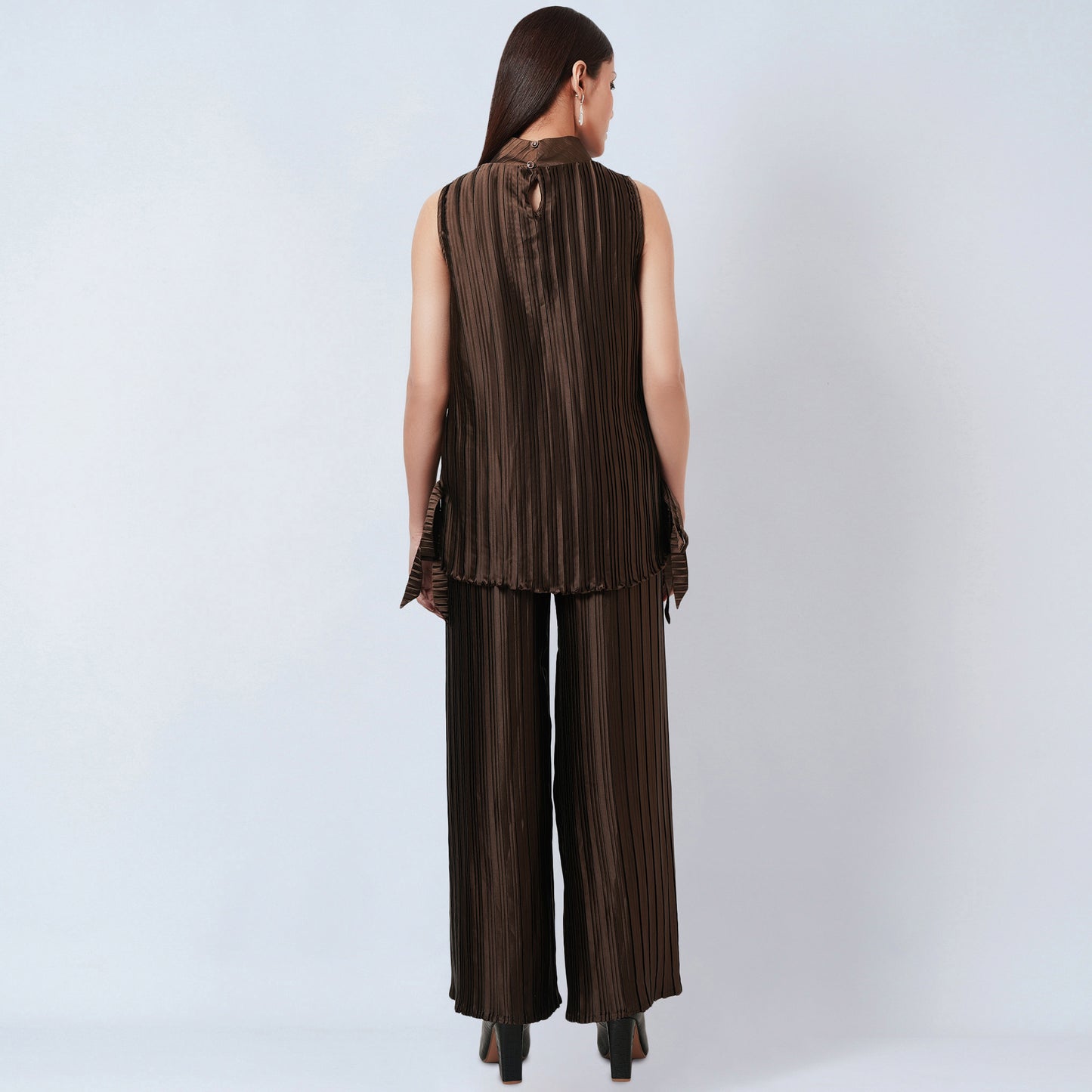 Brown Sleeveless Turtle Neck Box Pleated Top and Box Pleated Palazzo Set