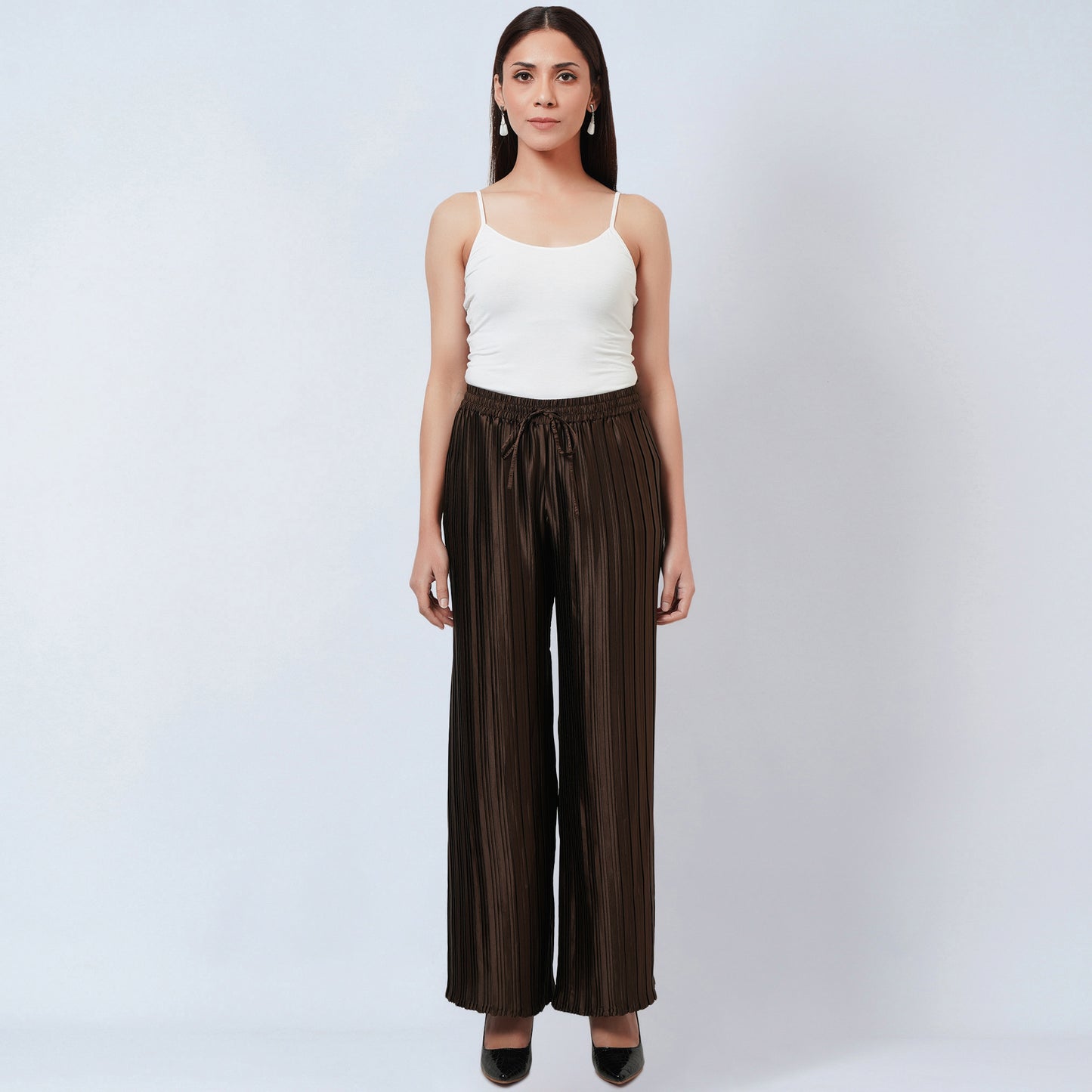 Brown Sleeveless Turtle Neck Box Pleated Top and Box Pleated Palazzo Set