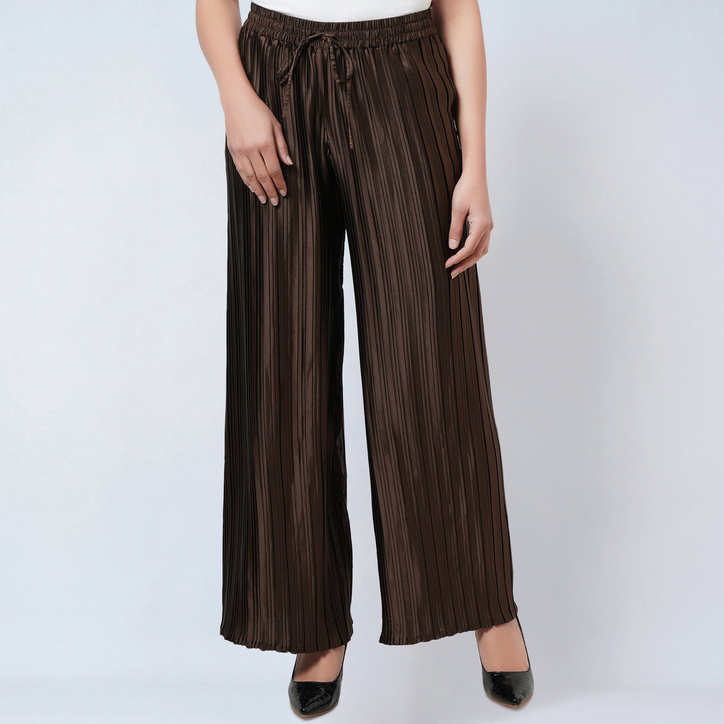 Brown Sleeveless Turtle Neck Box Pleated Top and Box Pleated Palazzo Set