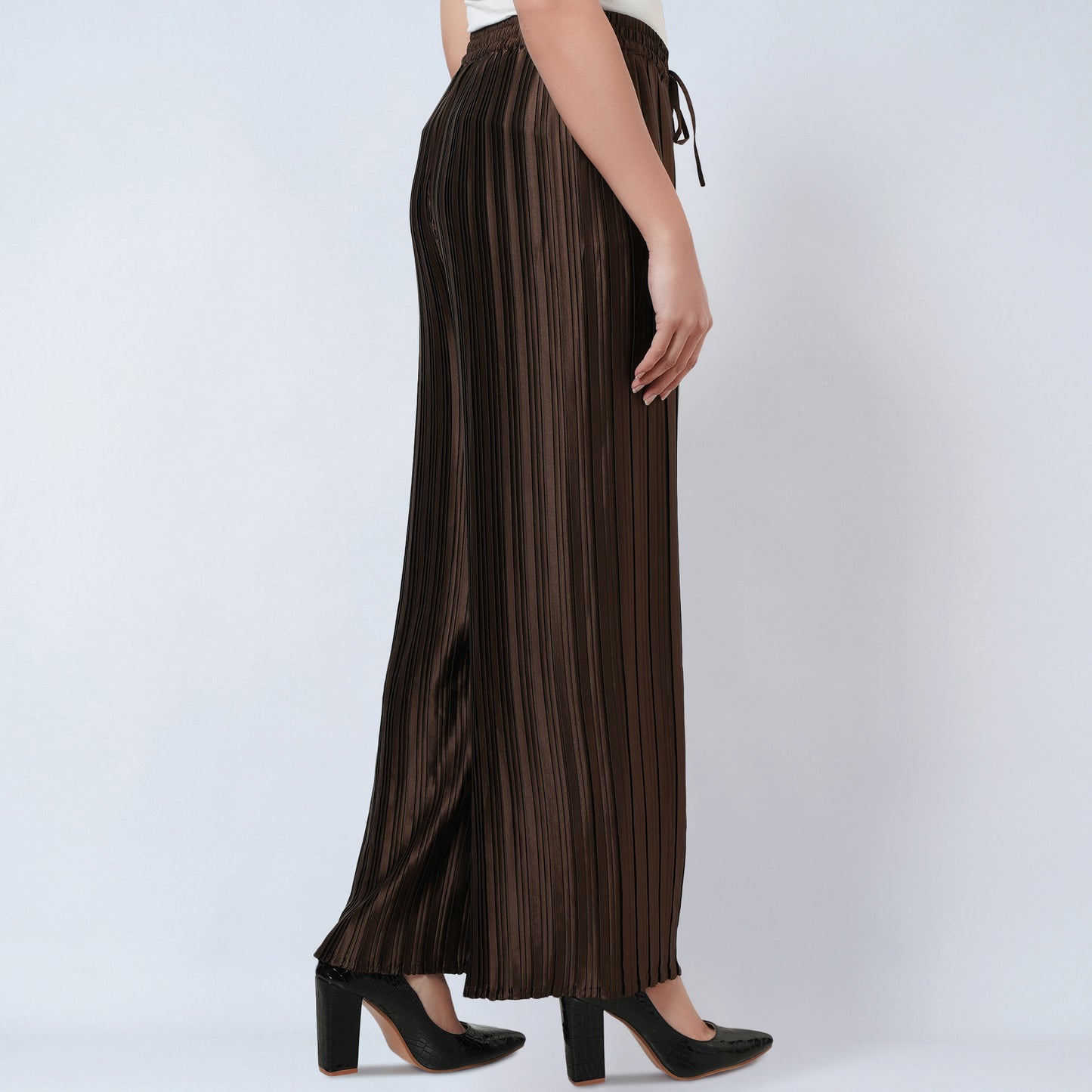 Brown Sleeveless Turtle Neck Box Pleated Top and Box Pleated Palazzo Set