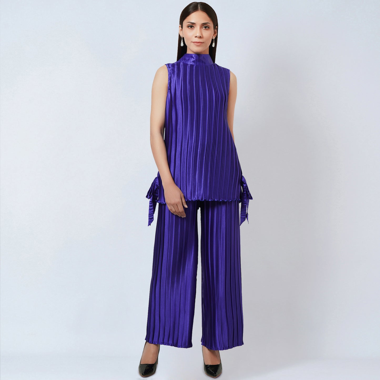 Purple Sleeveless Turtle Neck Box Pleated Top and Box Pleated Palazzo Set