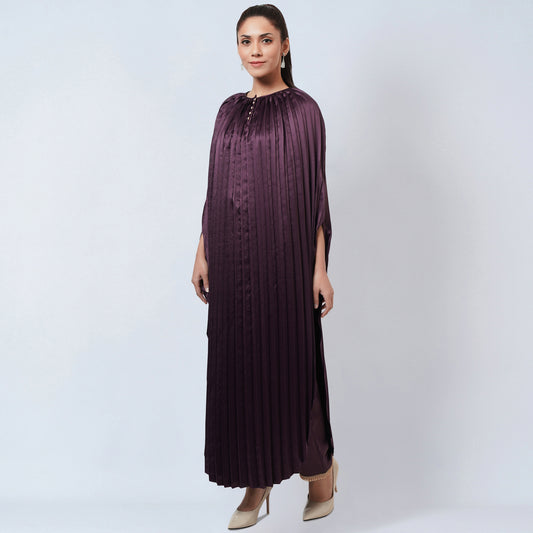 Purple Asymmetrical Pleated Kaftan and Straight Pants Set