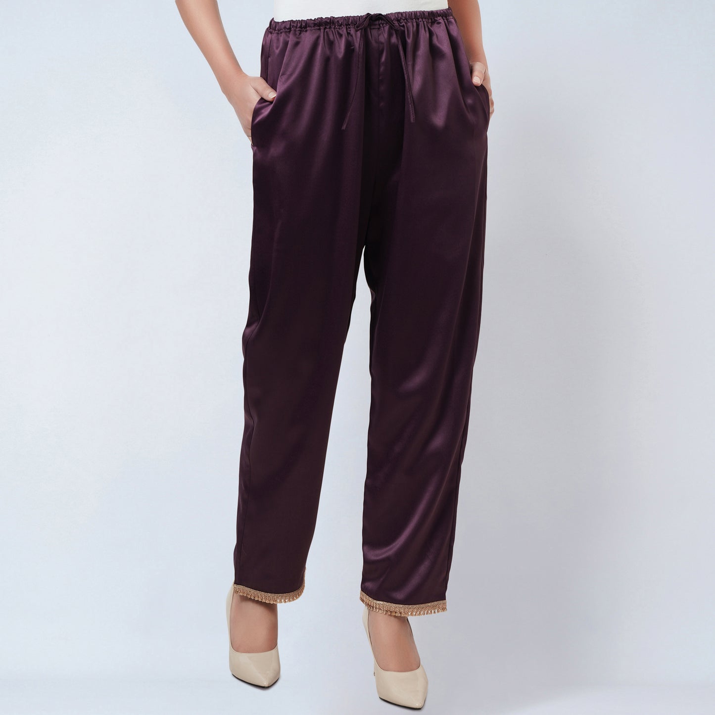 Purple Asymmetrical Pleated Kaftan and Straight Pants Set
