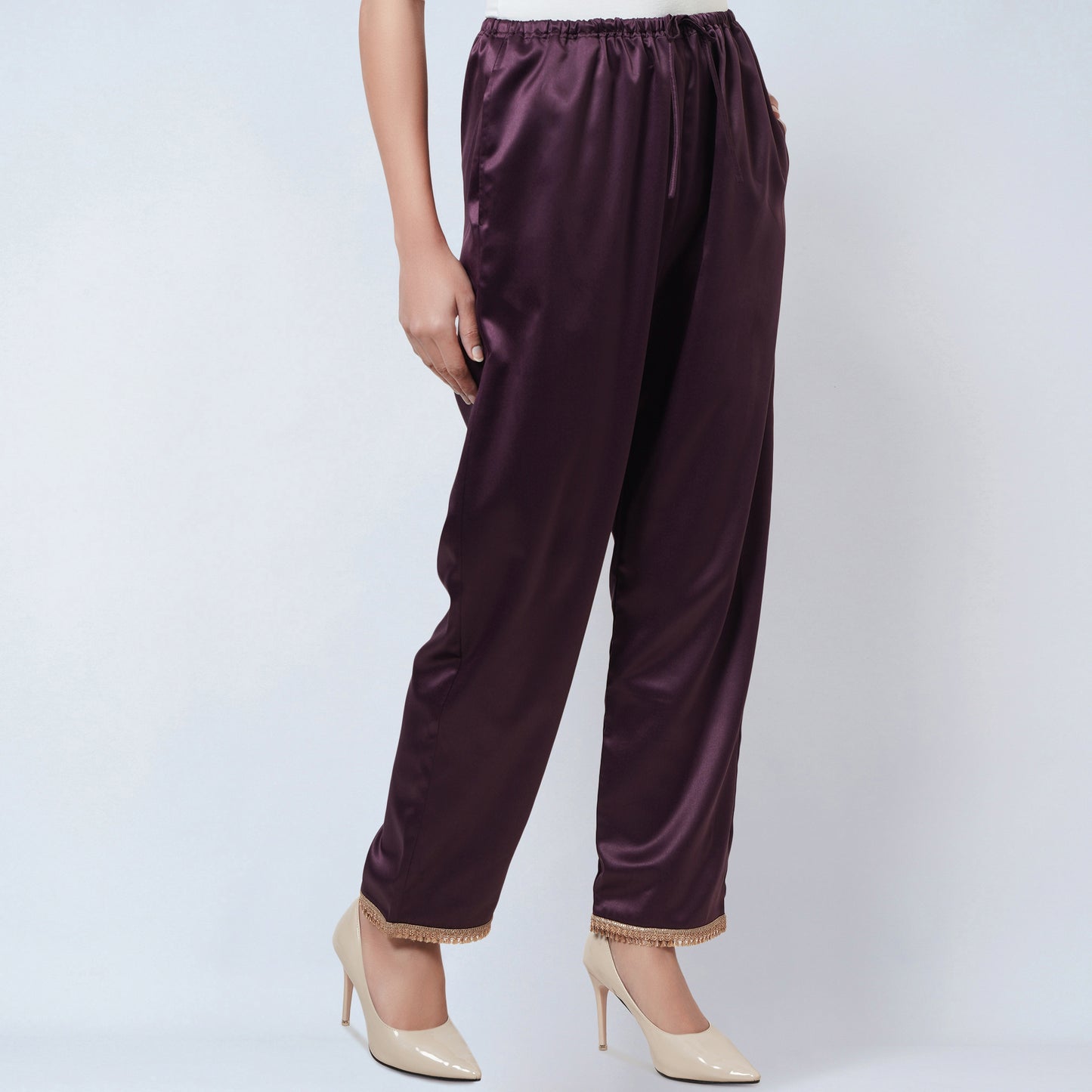 Purple Asymmetrical Pleated Kaftan and Straight Pants Set