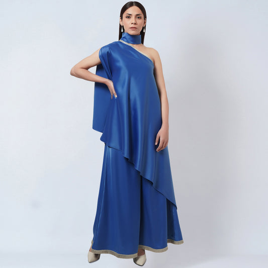 Azure Blue One-Shoulder Asymmetric Tunic and Wide Leg Pants