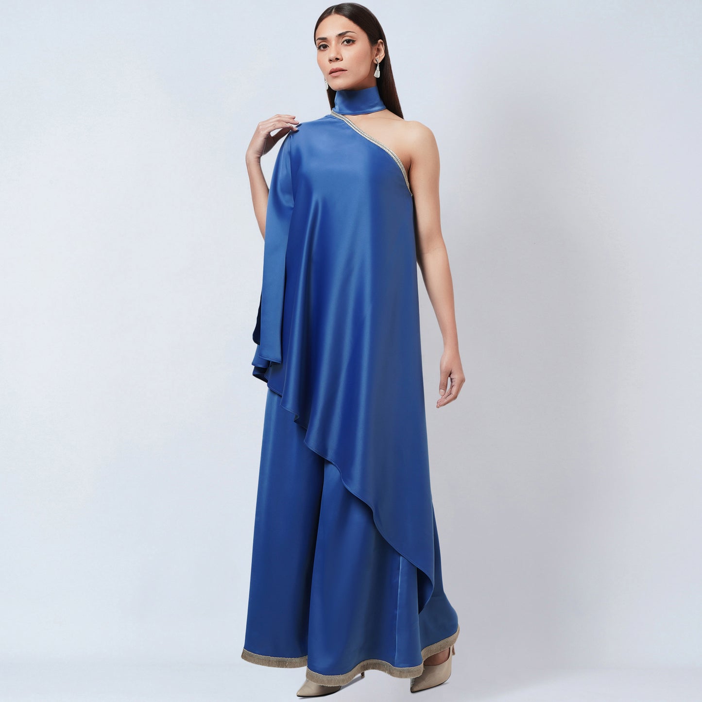 Azure Blue One-Shoulder Asymmetric Tunic and Wide Leg Pants