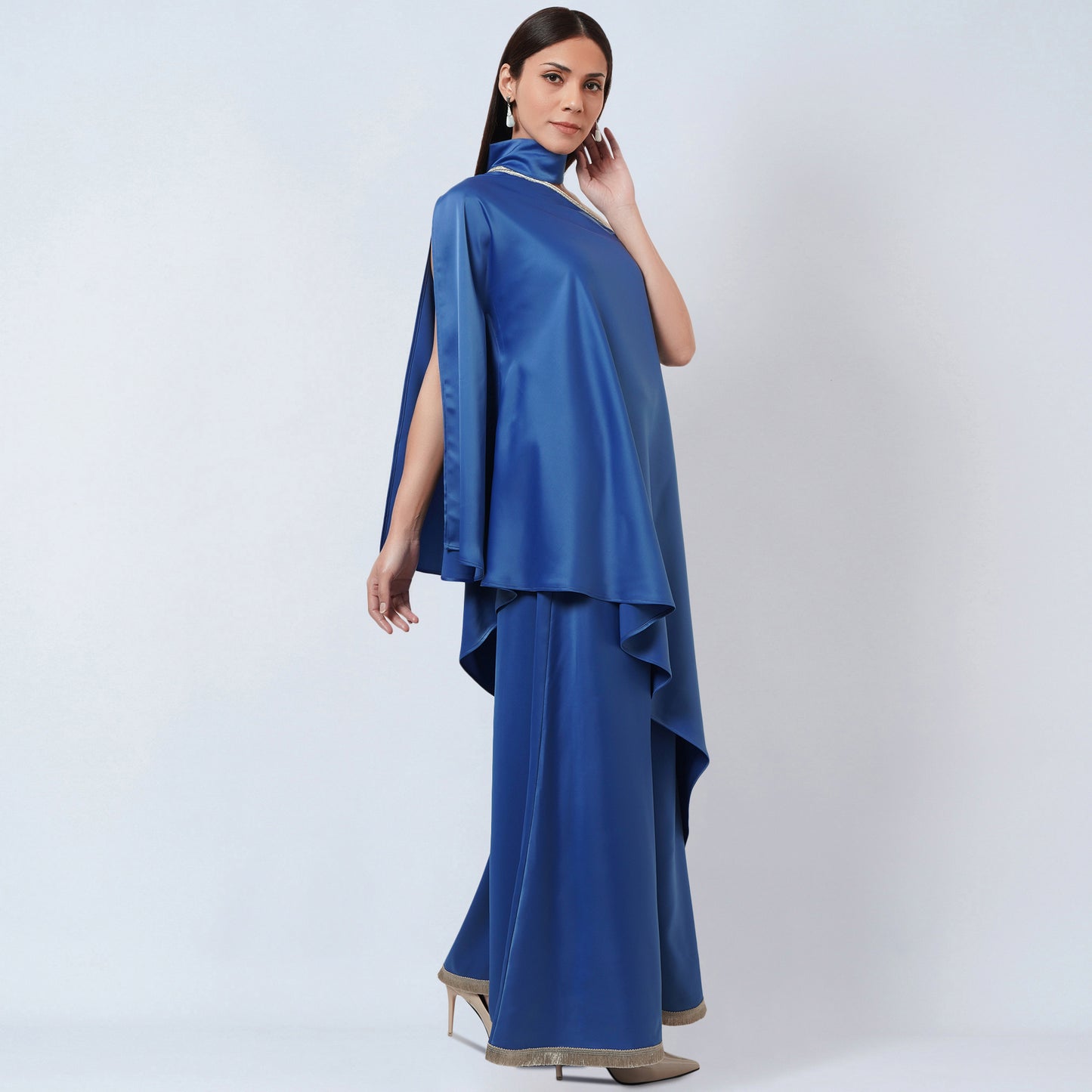 Azure Blue One-Shoulder Asymmetric Tunic and Wide Leg Pants