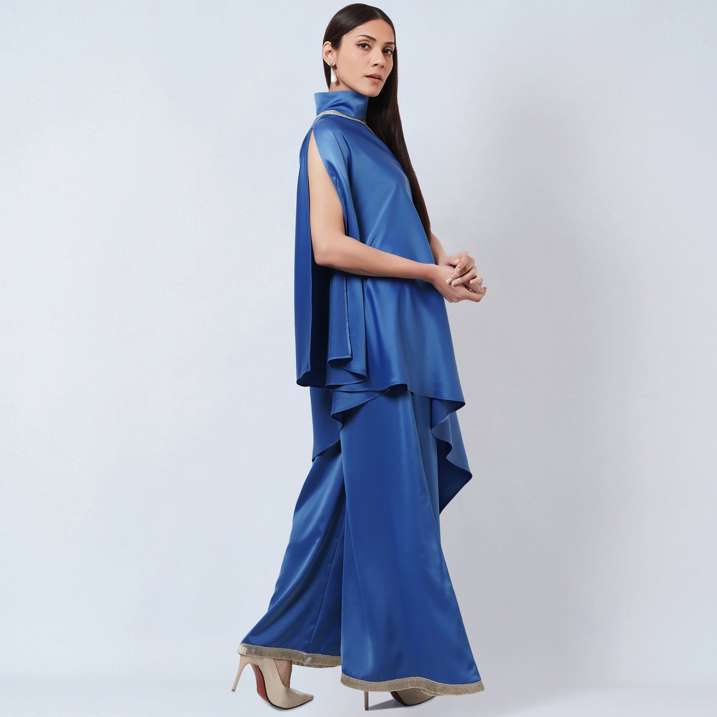 Azure Blue One-Shoulder Asymmetric Tunic and Wide Leg Pants