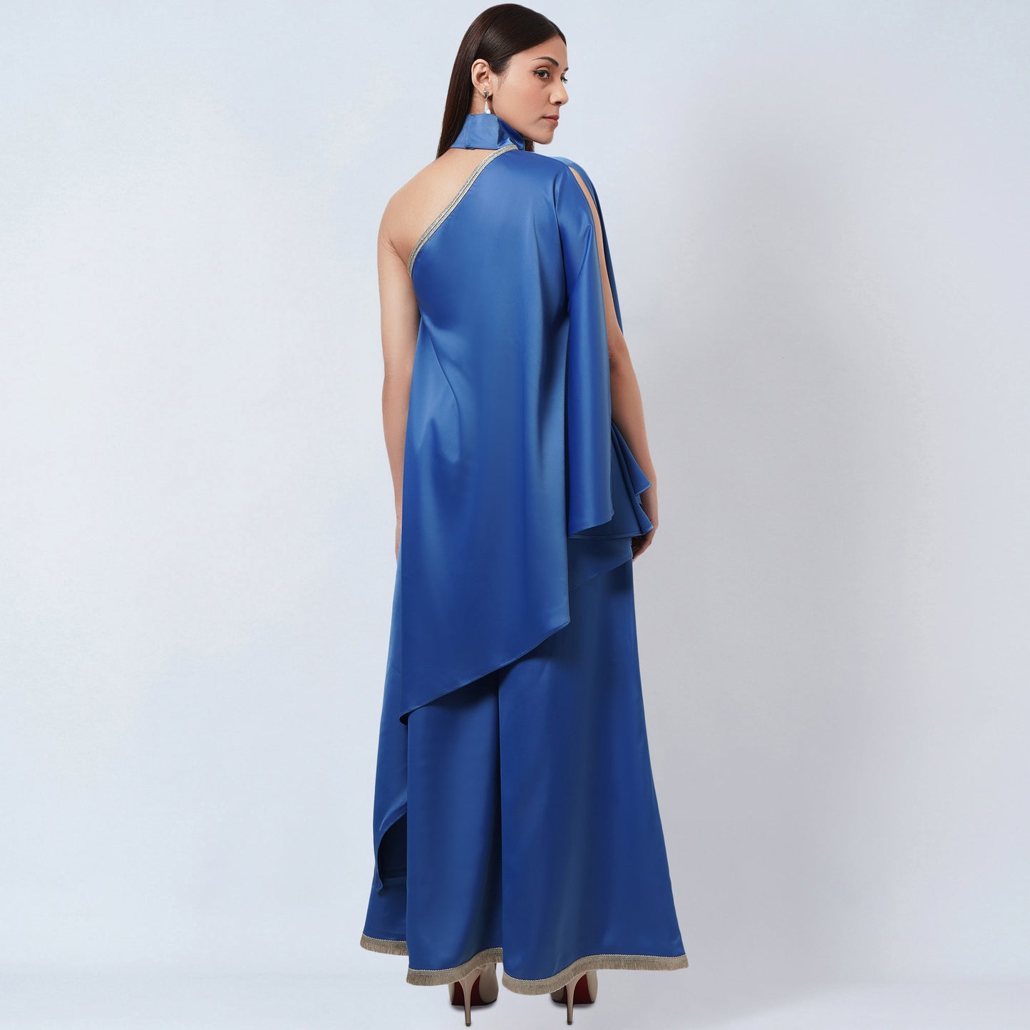 Azure Blue One-Shoulder Asymmetric Tunic and Wide Leg Pants