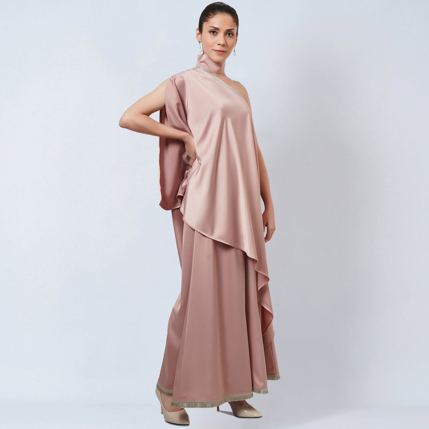 Powder Pink One-Shoulder Asymmetric Tunic and Wide Leg Pants