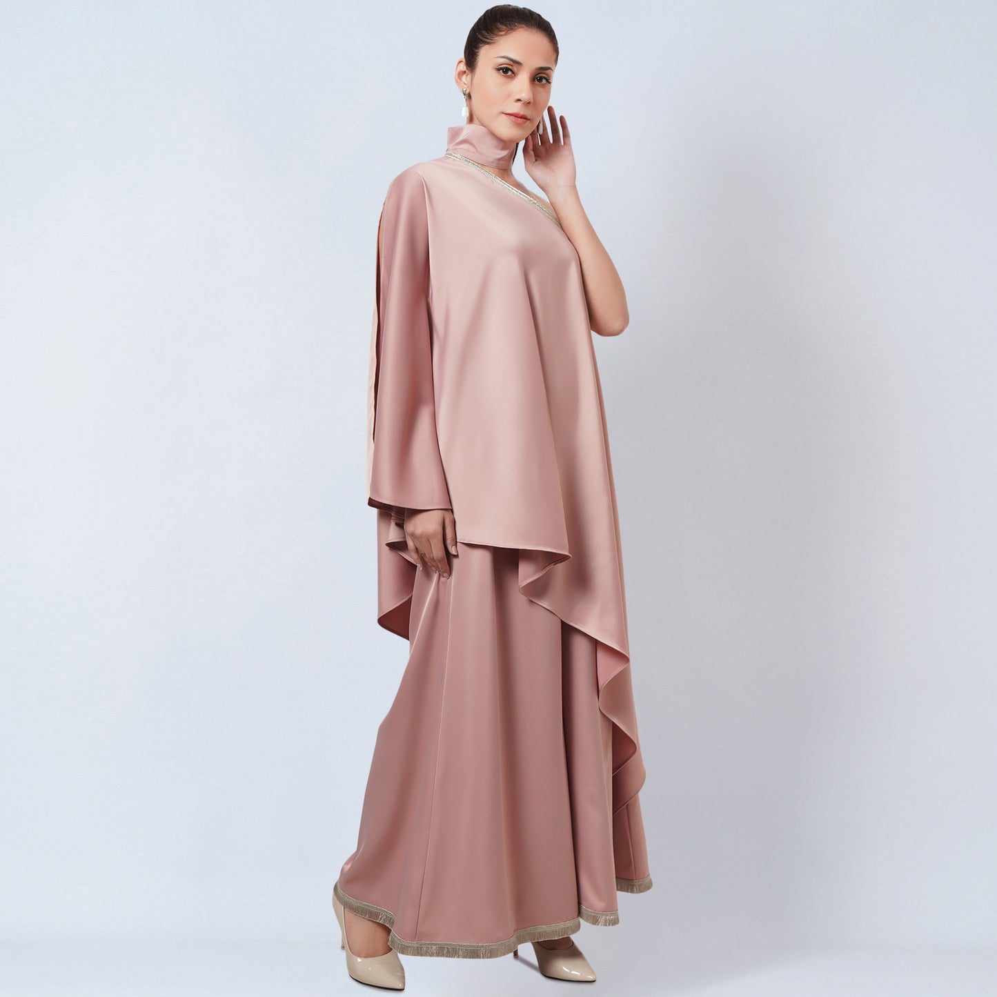 Powder Pink One-Shoulder Asymmetric Tunic and Wide Leg Pants