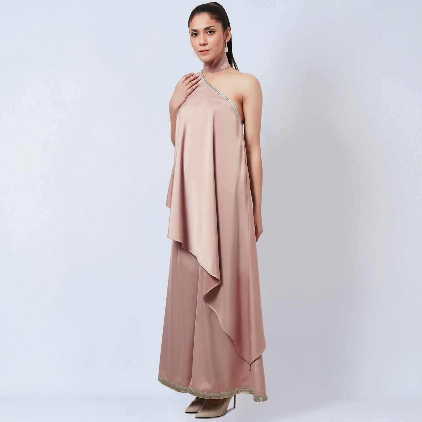 Powder Pink One-Shoulder Asymmetric Tunic and Wide Leg Pants