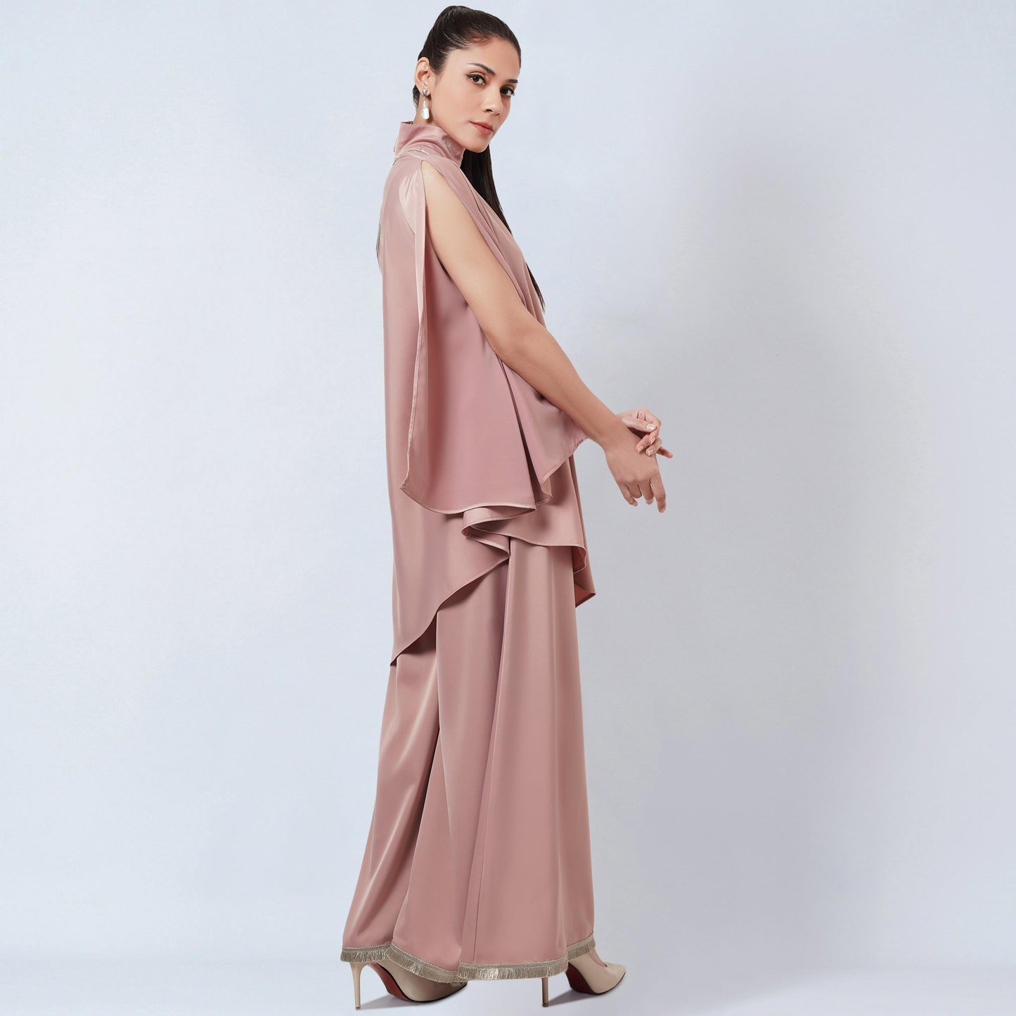 Powder Pink One-Shoulder Asymmetric Tunic and Wide Leg Pants