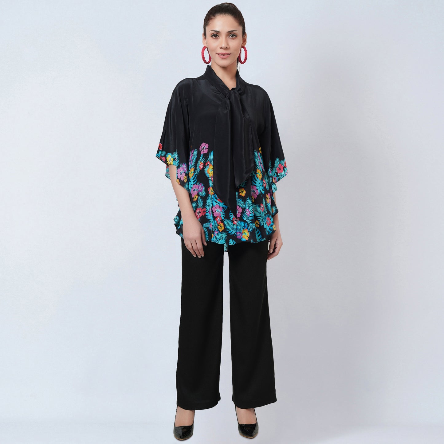 Black and Yellow Floral Bow-Tie Top and Straight Pants Set