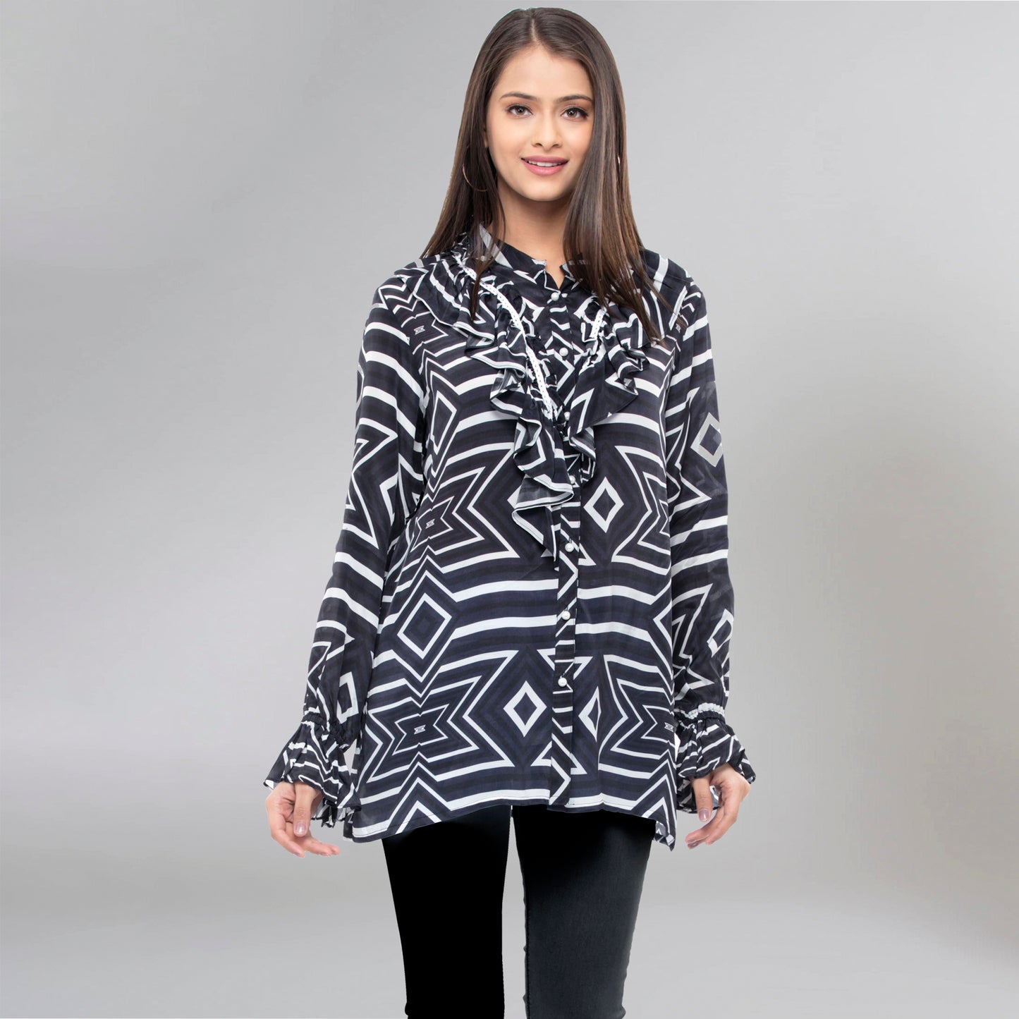 Blue and White Geometric Frill Shirt