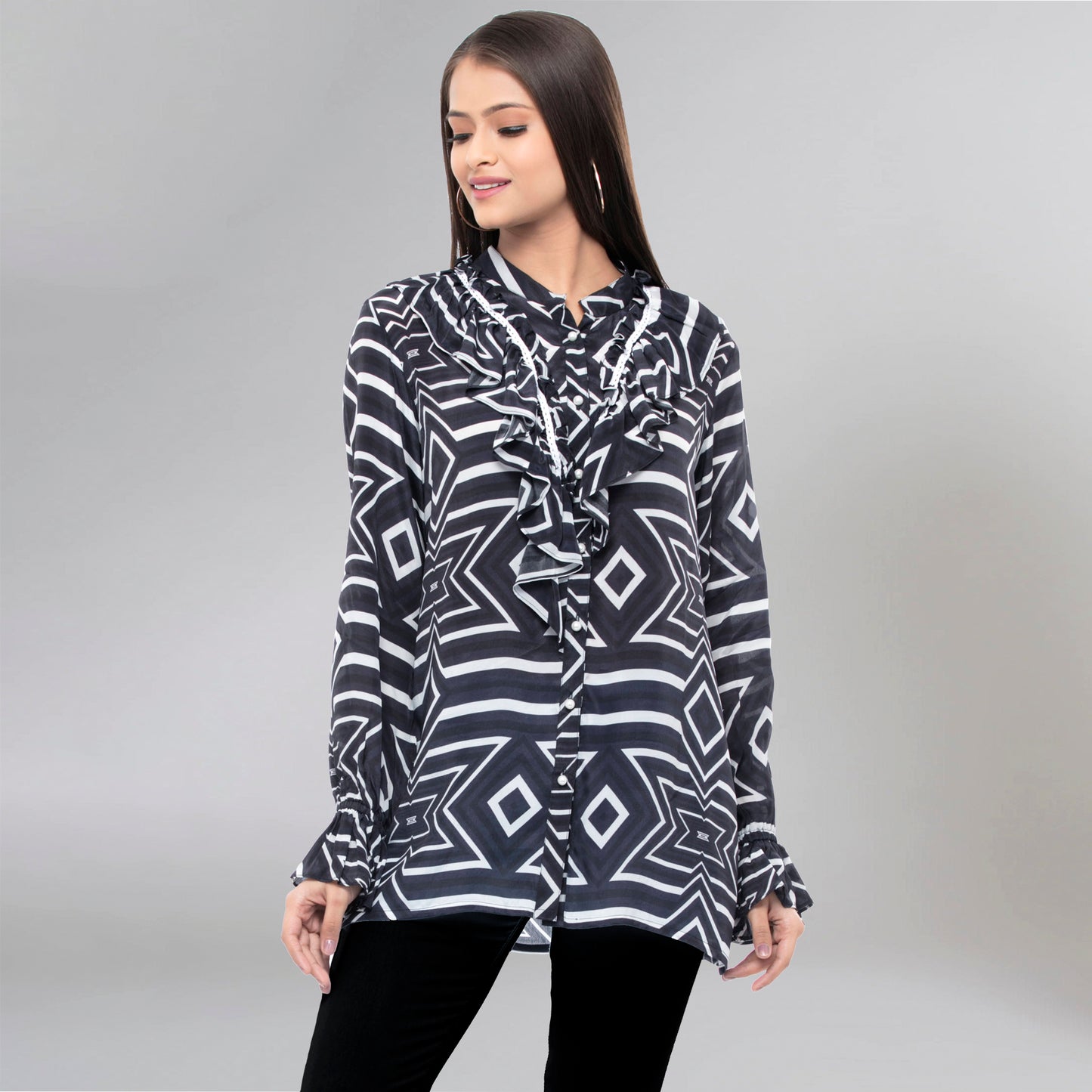 Blue and White Geometric Frill Shirt