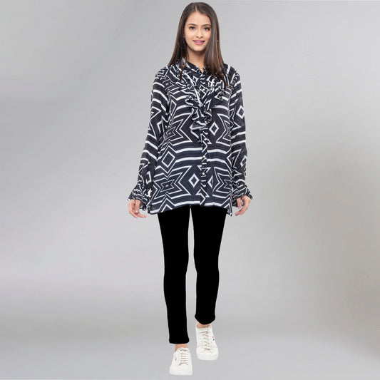 Blue and White Geometric Frill Shirt