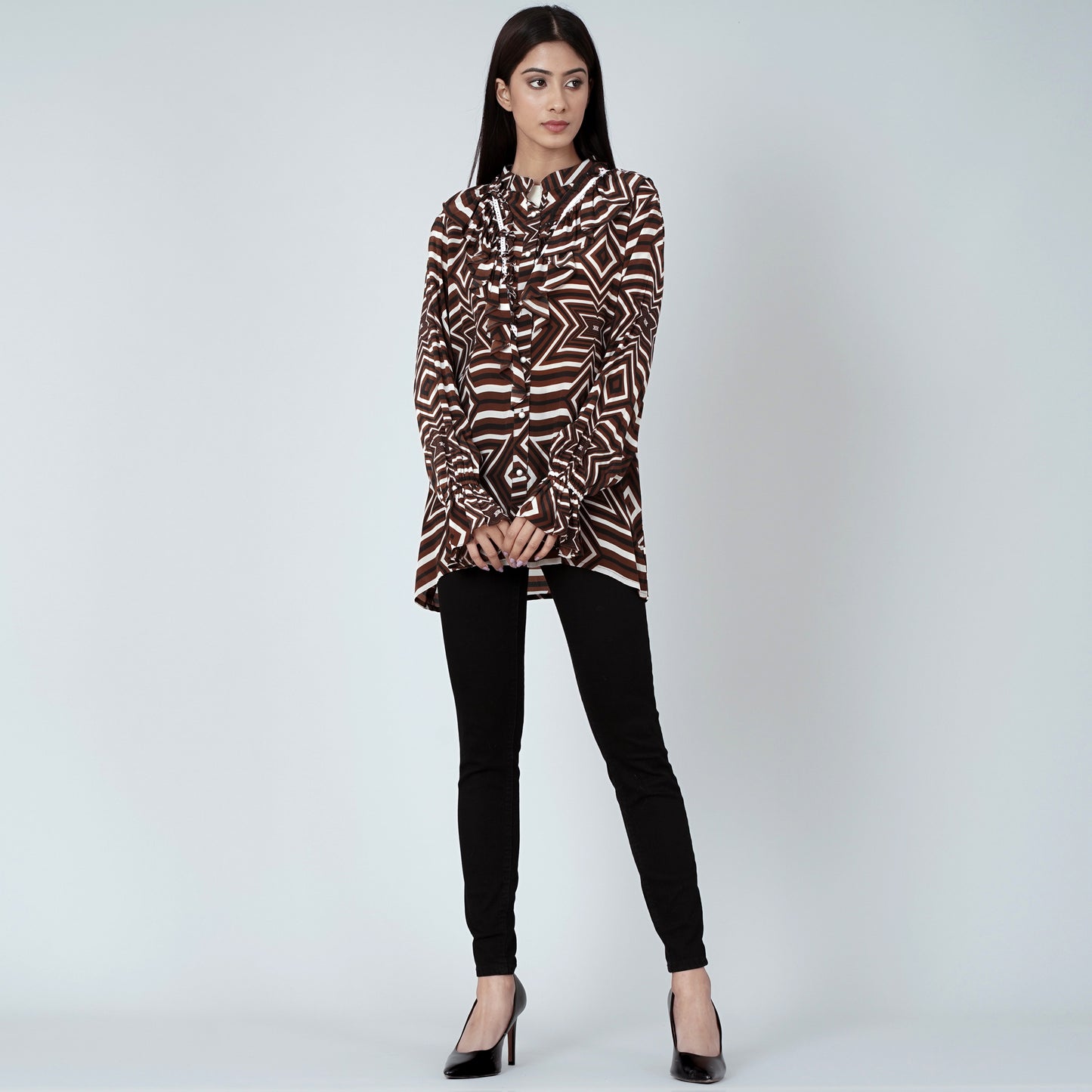 Brown and White Geometric Frill Shirt