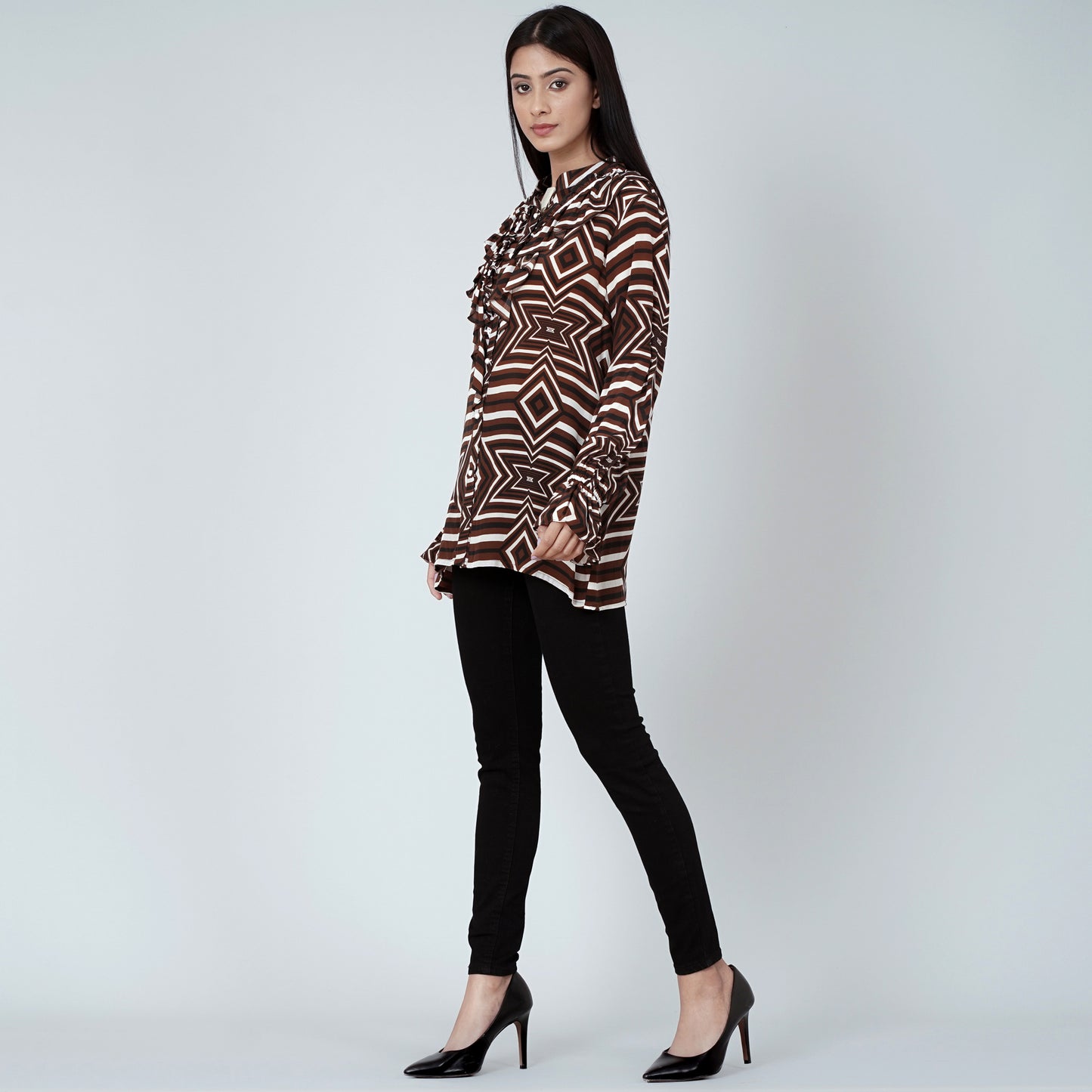 Brown and White Geometric Frill Shirt