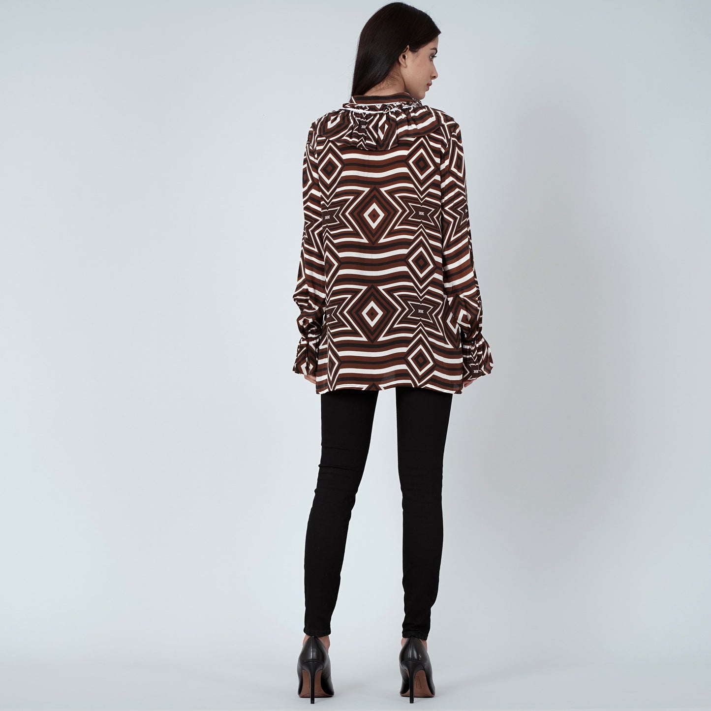 Brown and White Geometric Frill Shirt