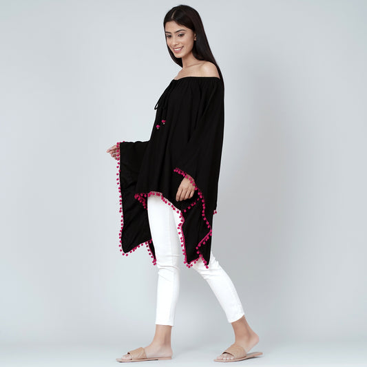 Black Pom Pom Poncho