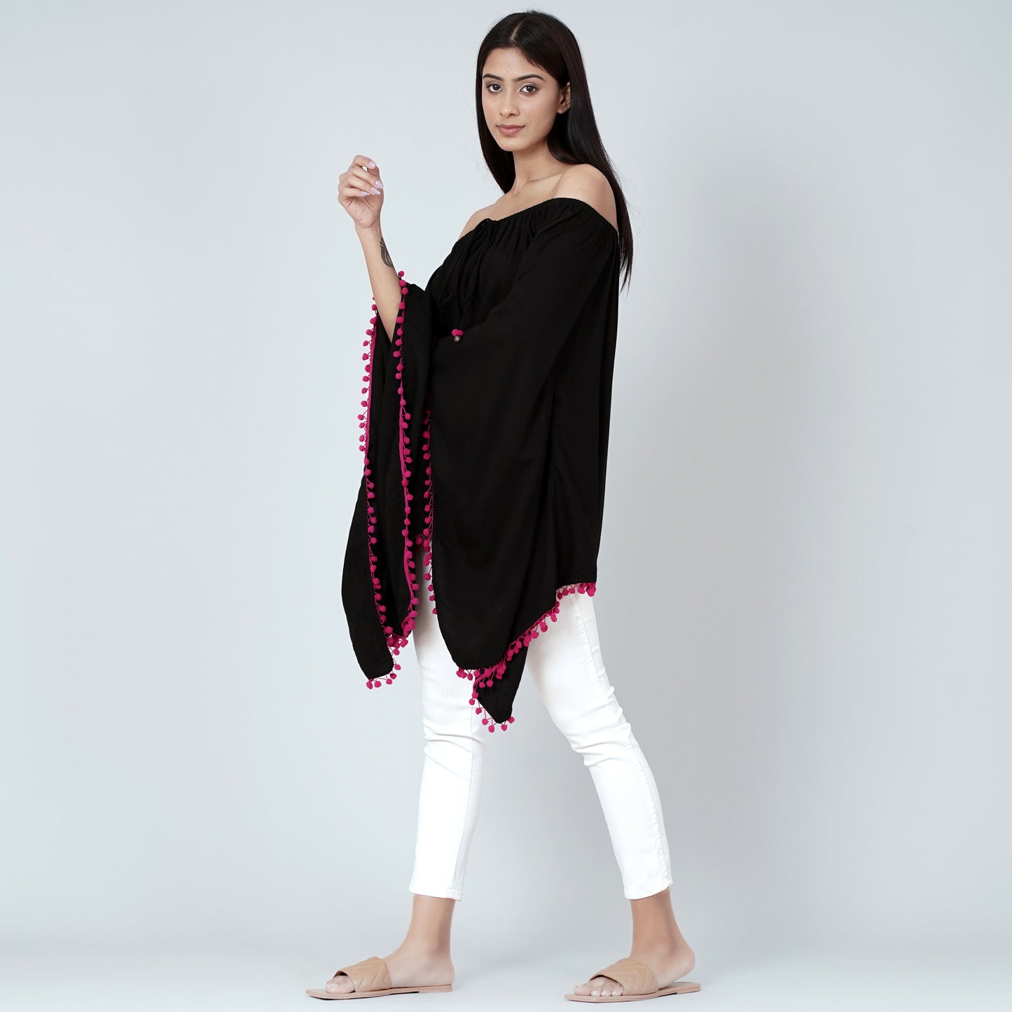 Black Pom Pom Poncho