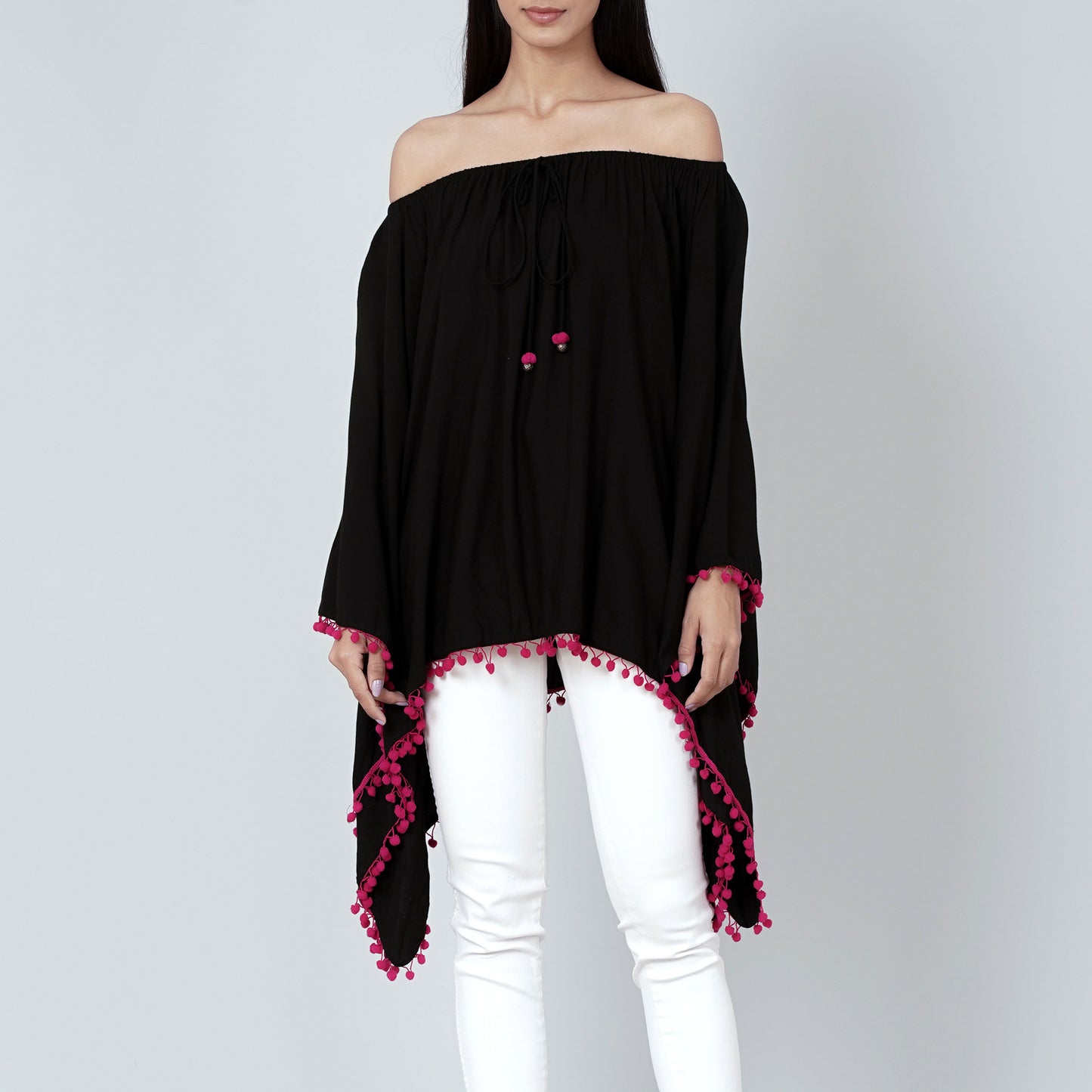 Black Pom Pom Poncho