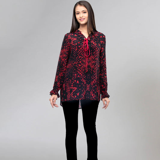 Dark Red Animal Print Lace-Up Top