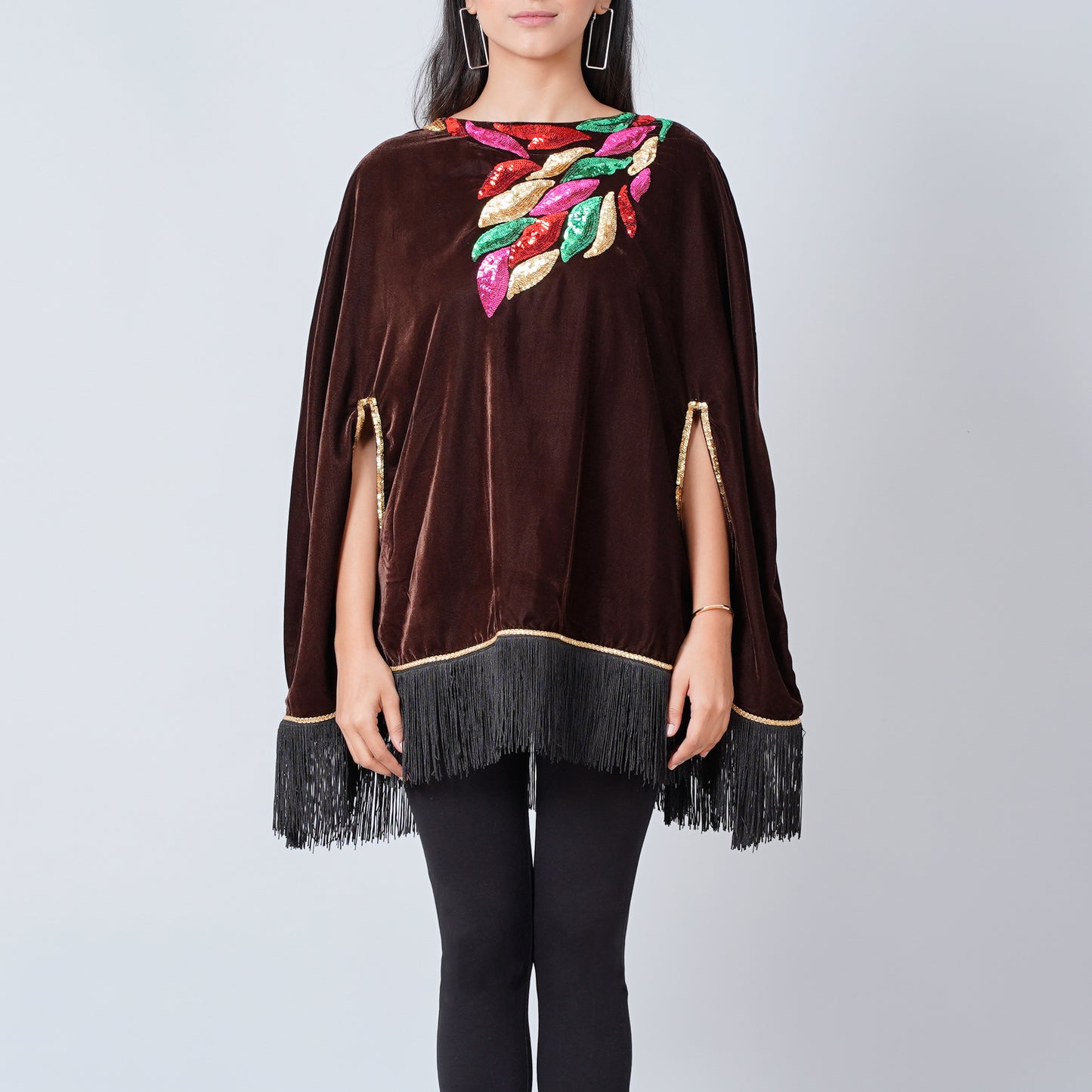 Brown Sequinned Velvet Poncho