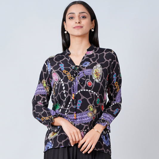 Black Jewel Print Lace-Up Top
