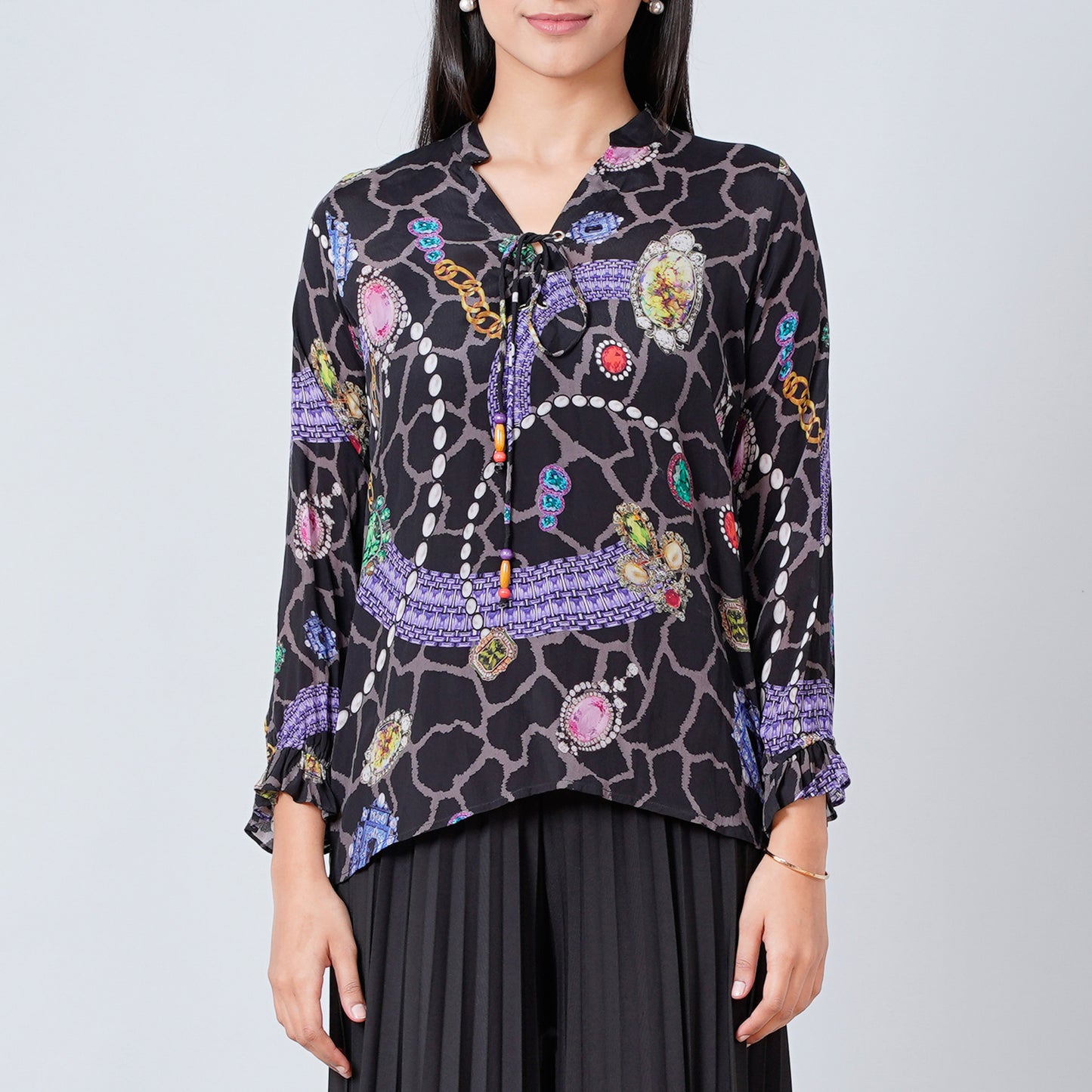 Black Jewel Print Lace-Up Top